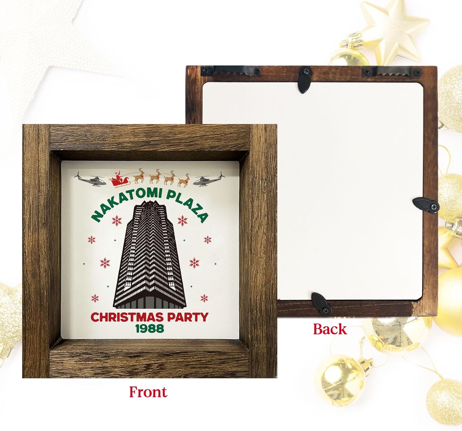 Condition photo showing New/Like New for Homythe Die Hard Christmas Decorations, Funny Christmas Wooden Signs with Frame for Home Bathroom Wall Table Tiered Tray Decor, Die Hard Merch Gifts, White Elephant Gifts Stocking Stuffer, 7x7 Inch 1988