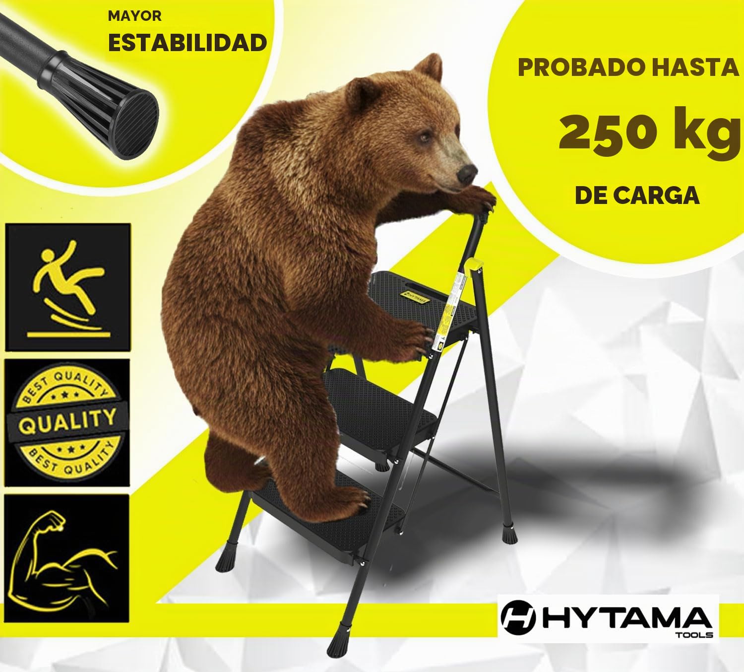 HYTAMA TOOLS Escalera Plegable 3 Peldaños, Estructura de Acero con Pies Antideslizantes, Capacidad de Carga Probada hasta 250kg, Negra