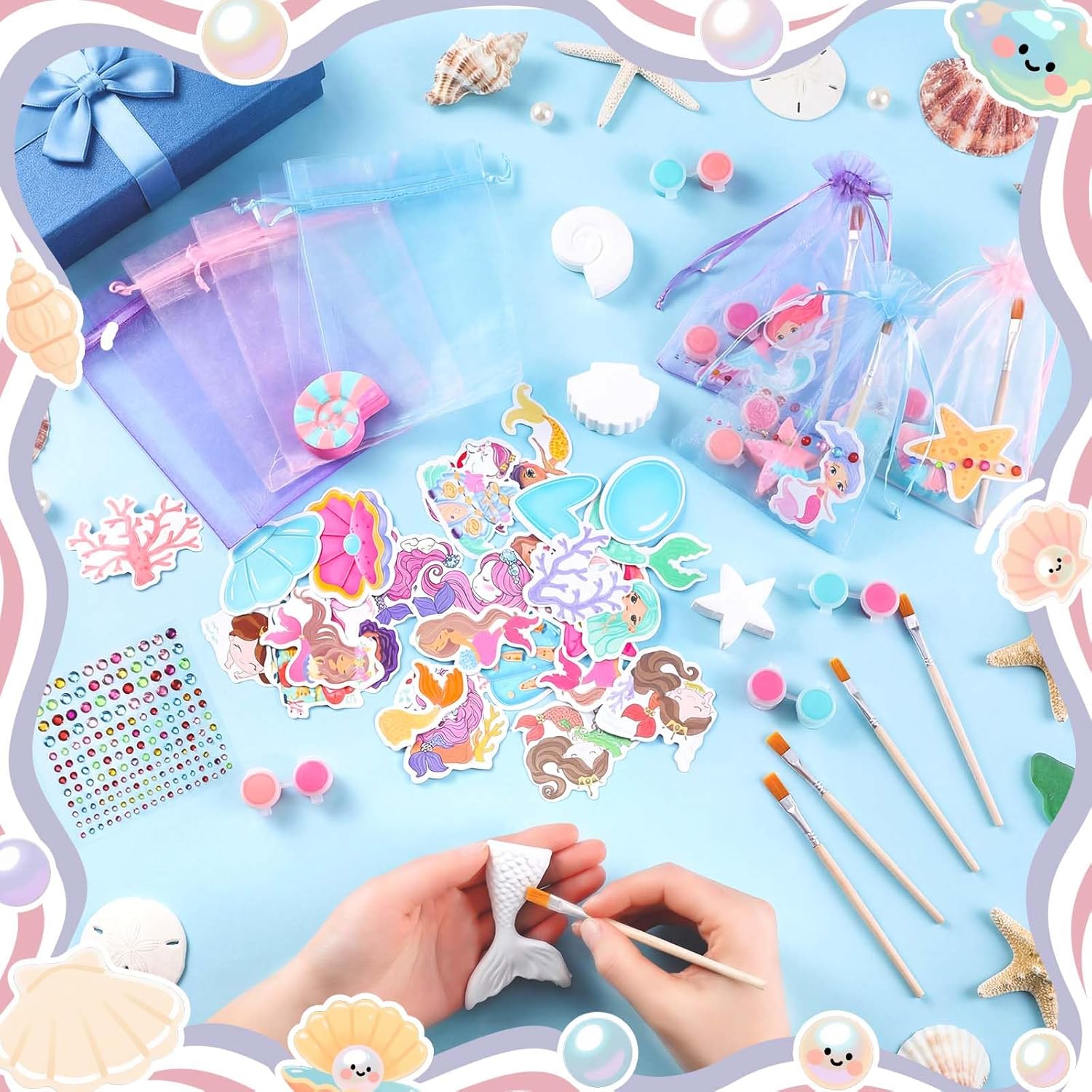 Gersoniel 24 Set Mermaid Theme DIY Plaster Paint Your Own Figurines Art and Craft Set Sea Party Favors Painting Statues Kits with Brushes Palette Mermaid Sticker Organza Bag for Art Activity Supply