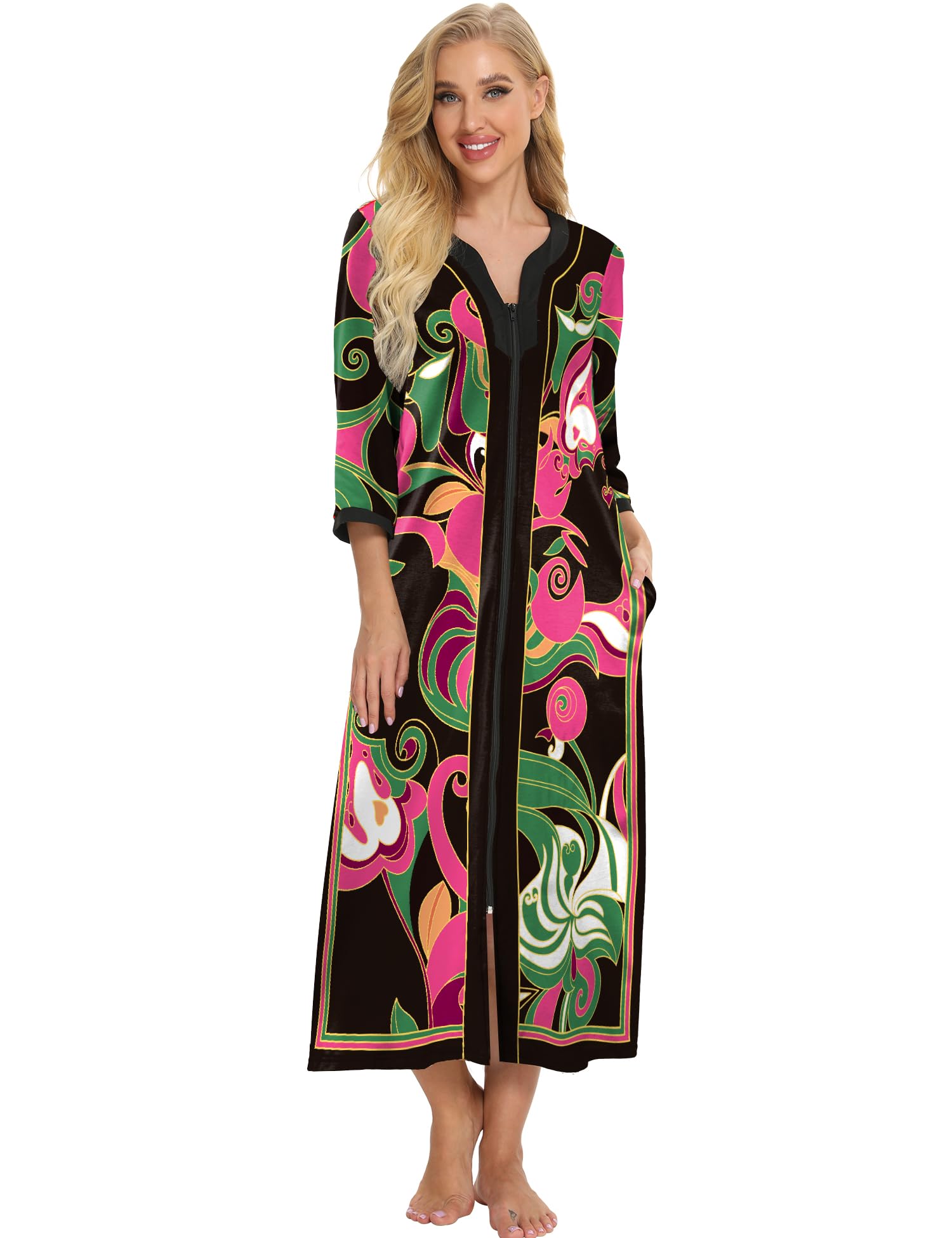 Bloggerlove House Dresses for Women Zip Up Robes Soft Cotton Nightgown Half Sleeve House Coat Long Night Gowns