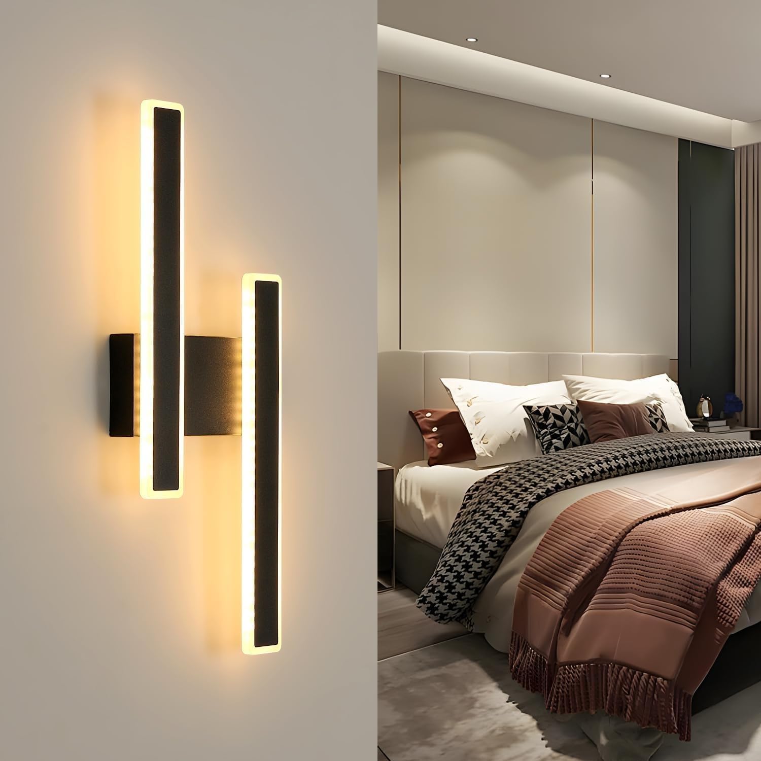 Comely Kinkiet Wewnętrzny LED, 32W 3600LM Czarna Nowoczesna Lampa Ścienna, 3 Temperatury Barwowe Oświetlenie Wewnętrzne Lampa Nocna Ledowa Lampa Ścienna Do Salonu Sypialni Biura Schodów