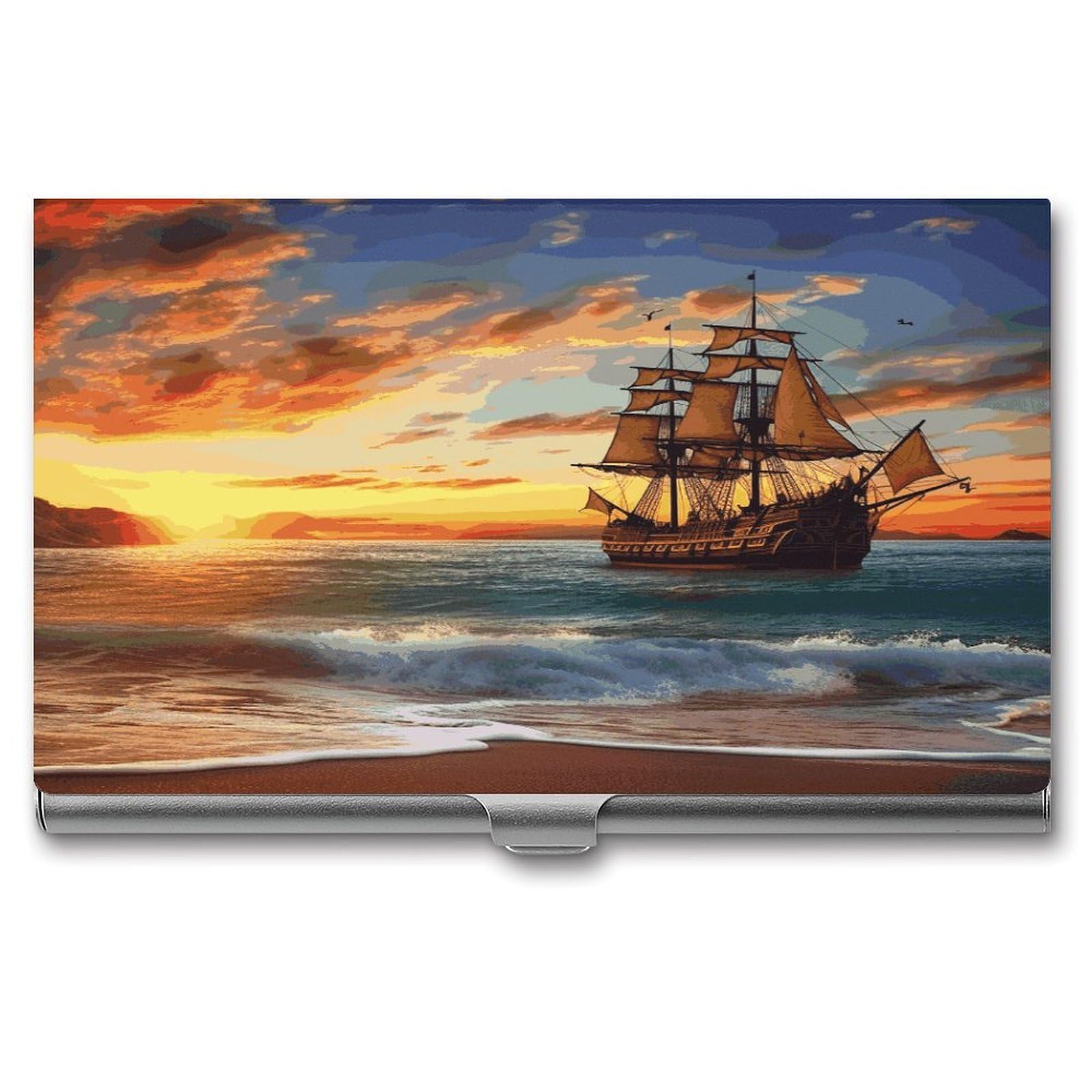 JTREHY Pirate Ship in The Sunset Business Card Holder Slim Purse Name Card Holder Portable Metal Business Card Case Wallet Large Capacity Lightweight Business Card Case for Men Women