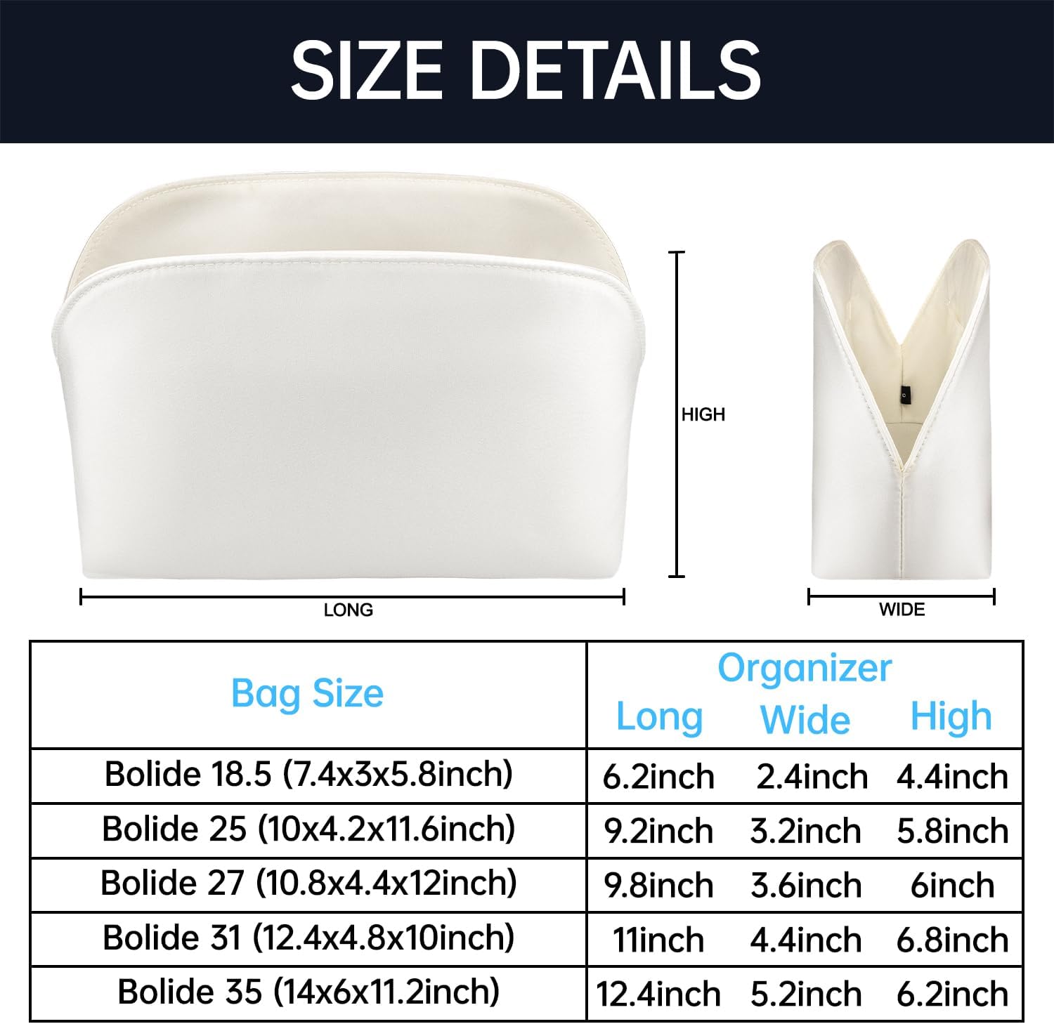 Organizer Insert for Bolide 1923 Mini/25/27/31/35, Satin Inner Bag Organiser(Size: Bolide 1923 Mini, Color: Craie)
