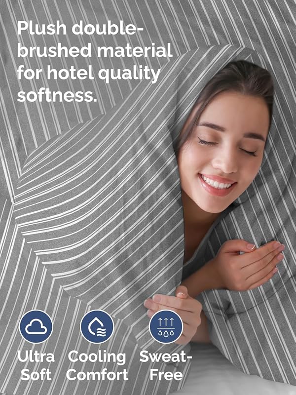 Duvet Cover Full Size - 3 Piece with Zipper Closure - Grey Stripes image 3