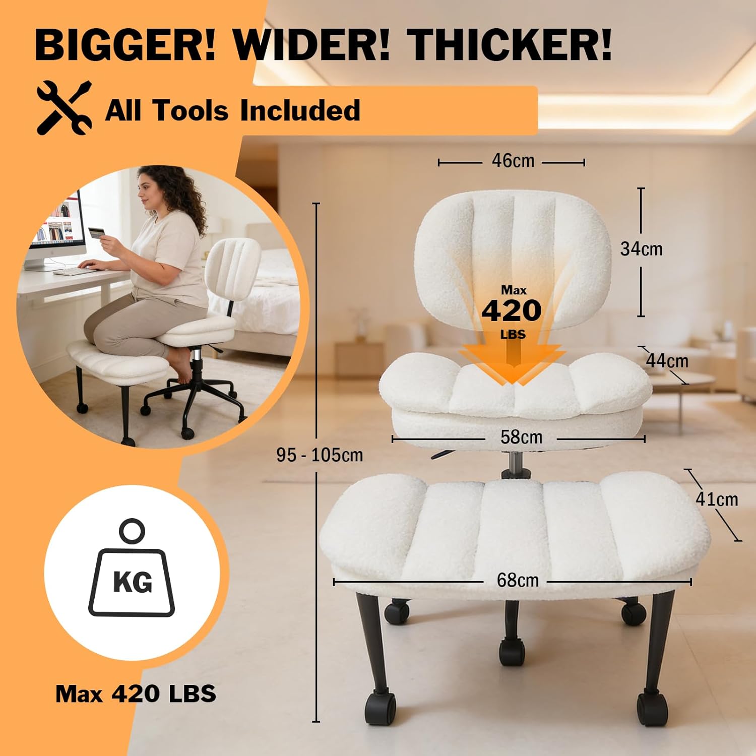 Criss Cross Chair with Footrest, 360° Swivel Faux Shearling Office Chair, Extra Wide Seat with Sofa-Like Comfort, Ergonomic Cross Legged Desk Chair for Cozy Reading, Meditation