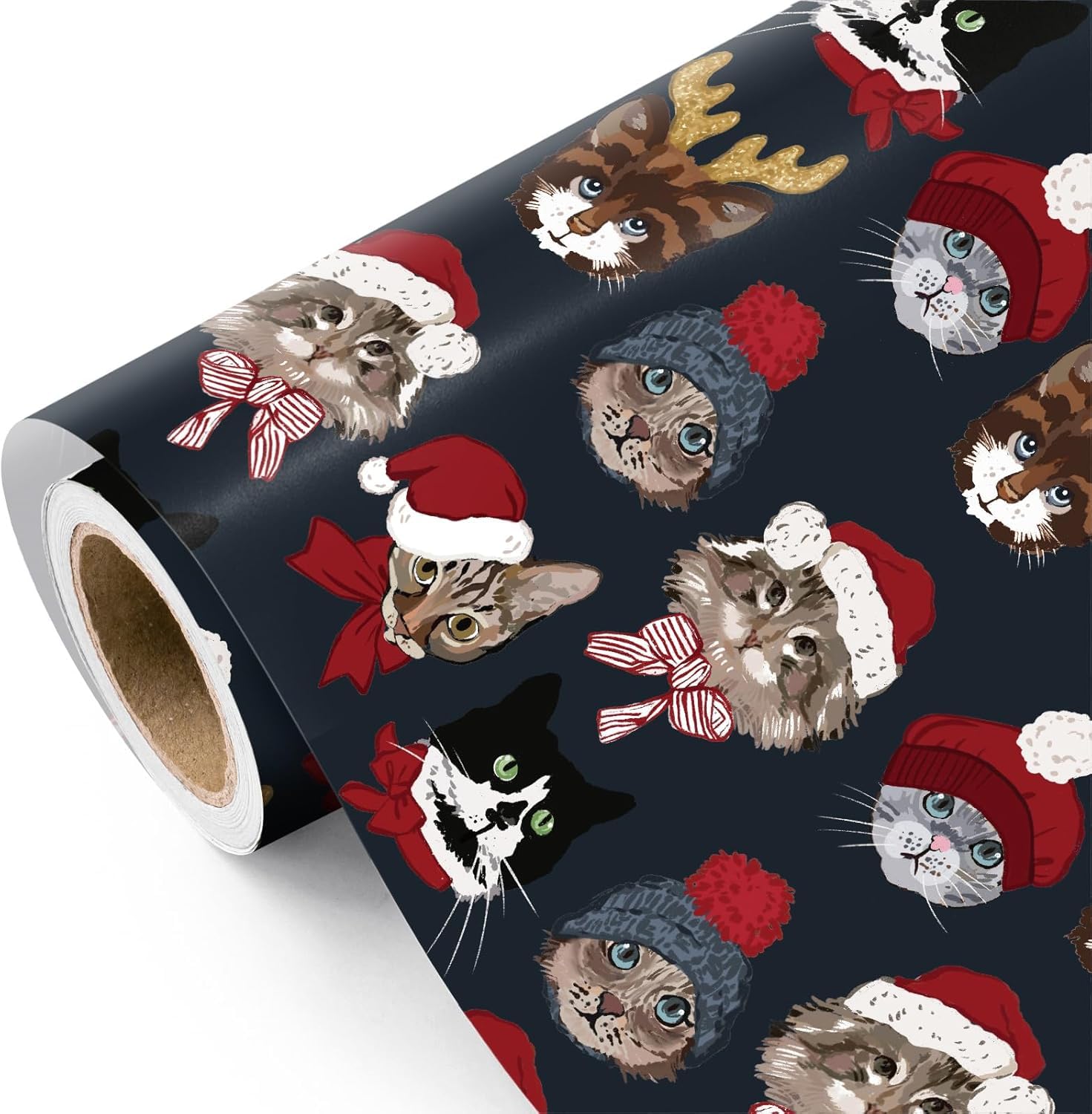 RUSPEPA Cat Christmas Wrapping Paper - Mini Roll - 43.2cm x 5m - Dark Navy Dressed Pets Cat Wrapping Paper for Pet Lover, Kid Gifts, Christmas, Winter Season