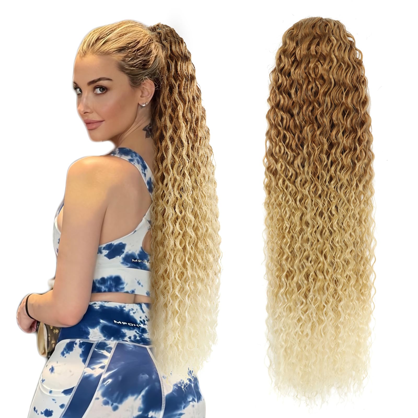 Corn curly drawstring ponytail extension for black women 30 Inch long kinky wave synthetic natural fake hair extensions clip in human hair piece (Brown Mix Blonde 0T27/613 Long Ponytail)…