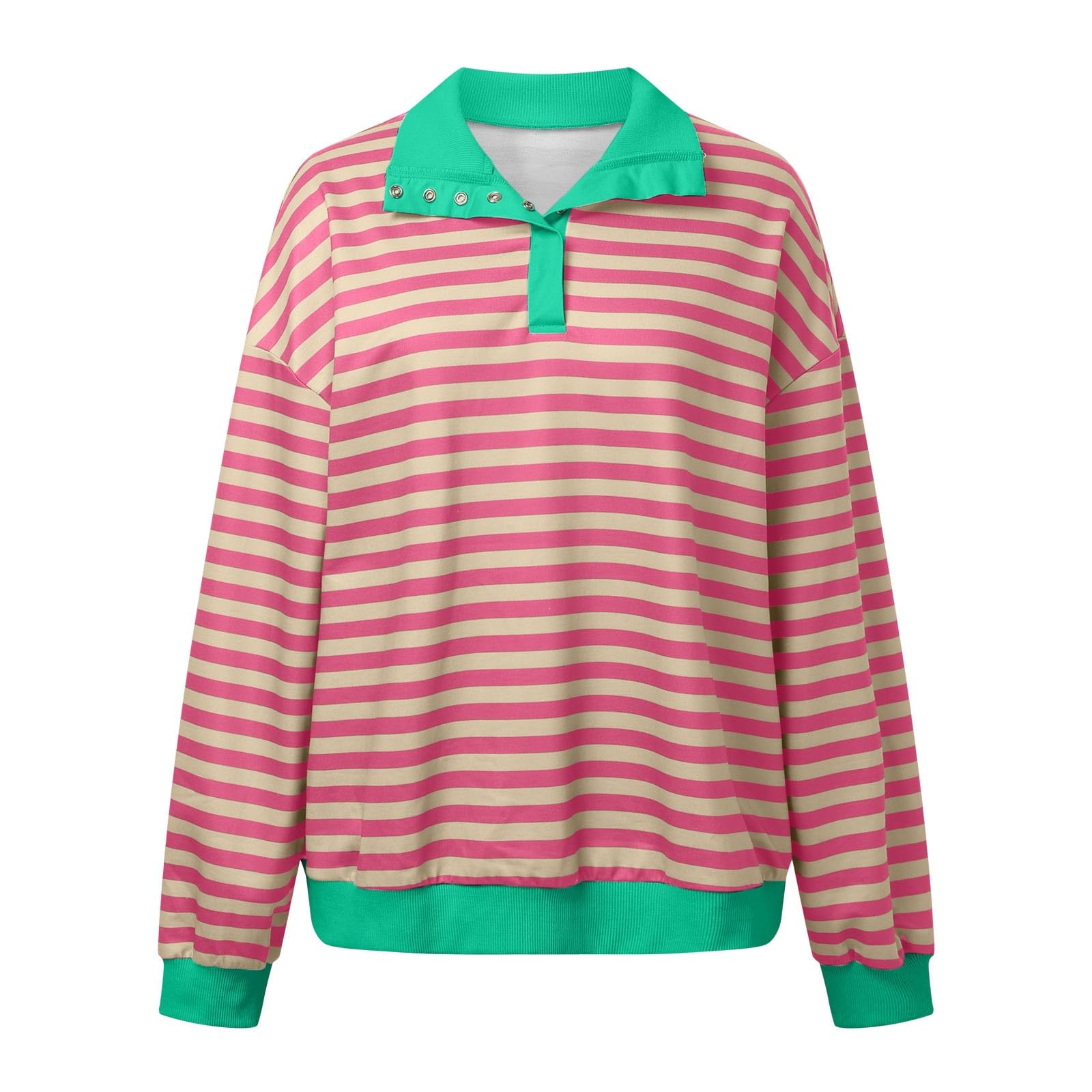 Sudadera de manga larga con cuello redondo para mujer, diseño de contraste, con solapa, diseño de contraste de color, manga larga, con botones, para descansar