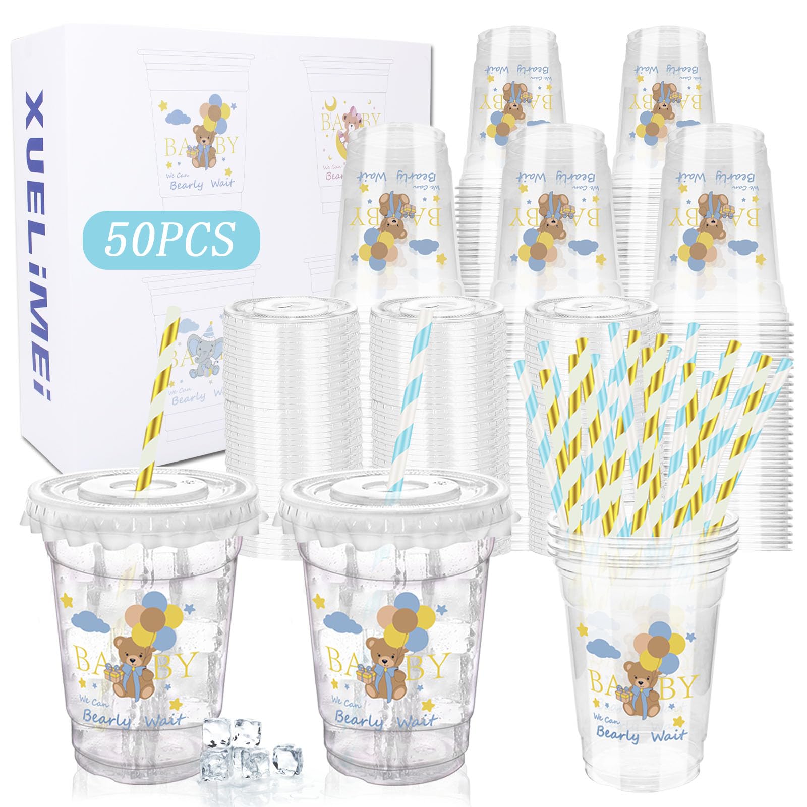 Xuelimei 50 Pcs Baby Shower Party 12 oz Disposable Plastic Cup with Lids Bear Cups Baby Shower Table Decorations Baby Shower Party Disposable Clear Plastic Cups for Party Favors. (50, Blue)