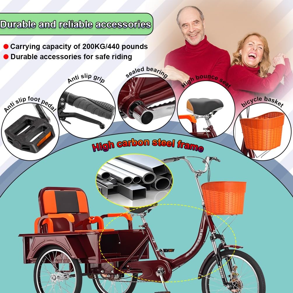 20 Zoll lastenfahrrad, Dreirad für Erwachsene, 200 kg Belastbarkeit, Senioren Fahrrad mit kindertransport, verstellbare Sitzhöhe, 3-Rad-Cruiser-Fahrrad, für Einkaufen, Picknicks