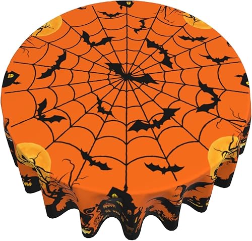 Miniatura 8 de Giwawa Mantel redondo de Halloween de 60 pulgadas, mantel circular de castillo de calabaza, gato, negro, naranja, murciélago, araña, reutilizable,