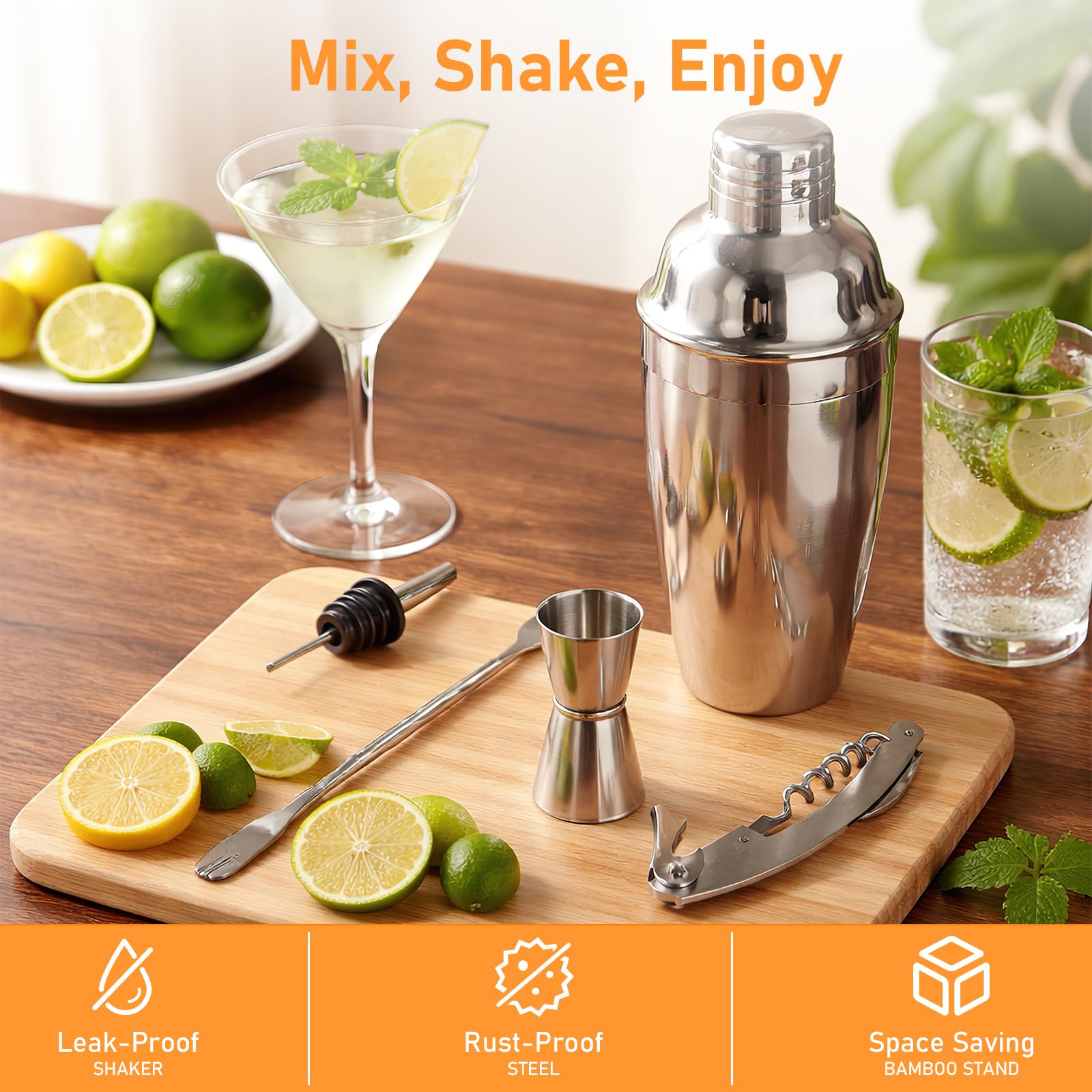 26-teiliges Cocktail Shaker Set, 700ML Boston Cocktail Shaker aus Edelstahl, Profi Barkeeper Kit kein Verklemmen mit Bambusständer & Rezeptbuch für Partys, Hausbar & Geburtstag(Silber)