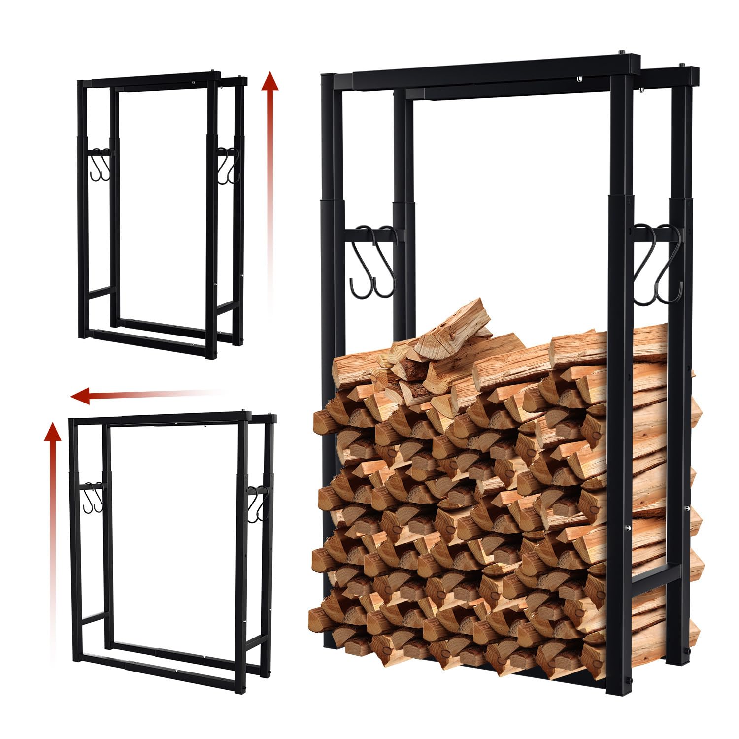 Lospitch Estantería ajustable para leña, 9 tamaños ajustables, soporte para leña con 4 ganchos, soporte para leña para leña, para troncos de madera, color negro