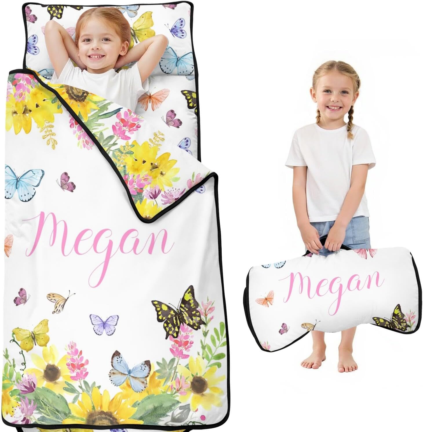 Personalized Toddler Nap Mat for Girls with Name – Custom Butterfly Sleeping Bag with Blanket & Pillow, Soft Roll Up Nap Mat for Preschool, Daycare & Kindergarten