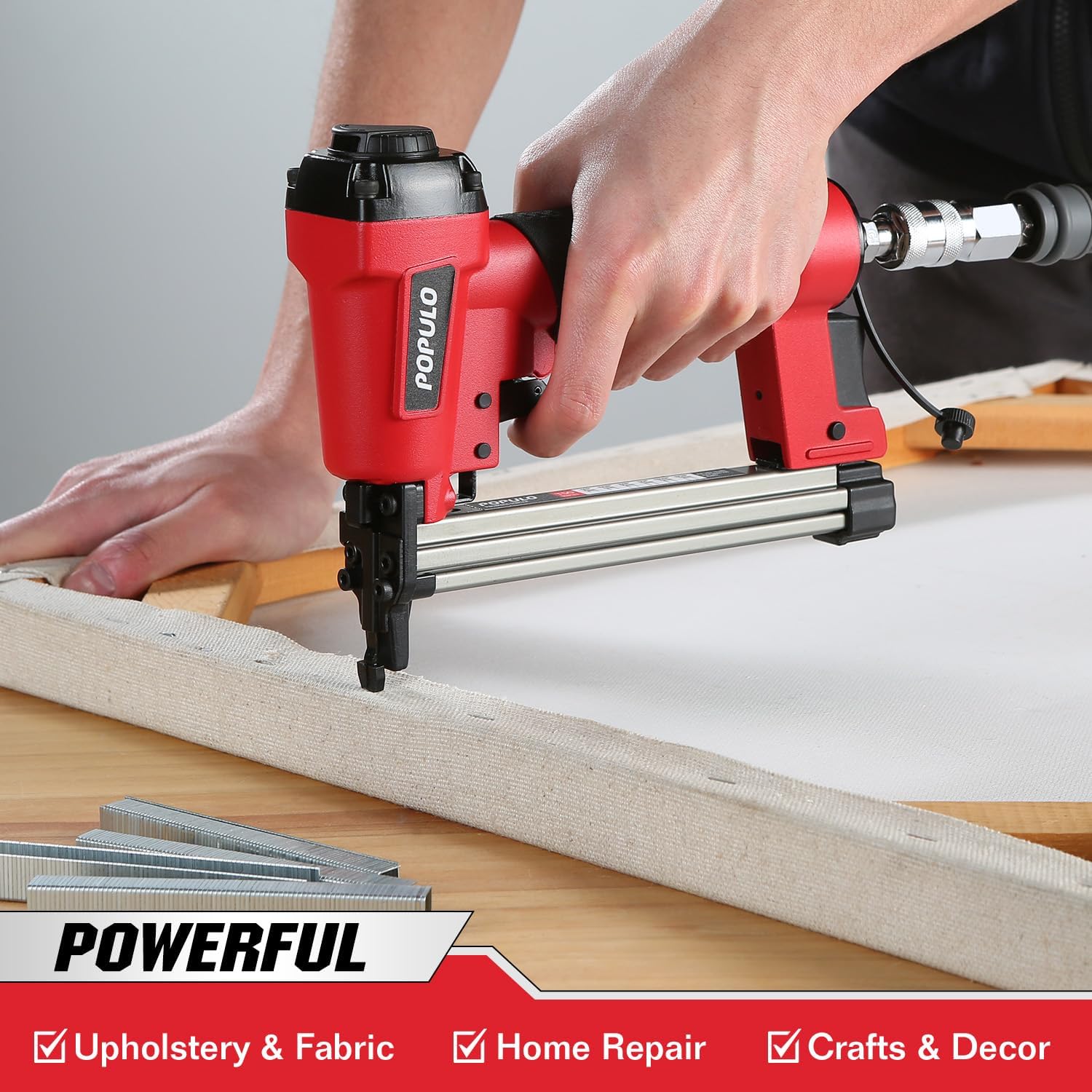 POPULO Pneumatic Staple Gun, Air Staple Gun with 3000 Staples and Safety Glasses, T50 Stapler for Upholstery, Woodworking, DIY, or Material Repair (Air Compressor Not Included)
