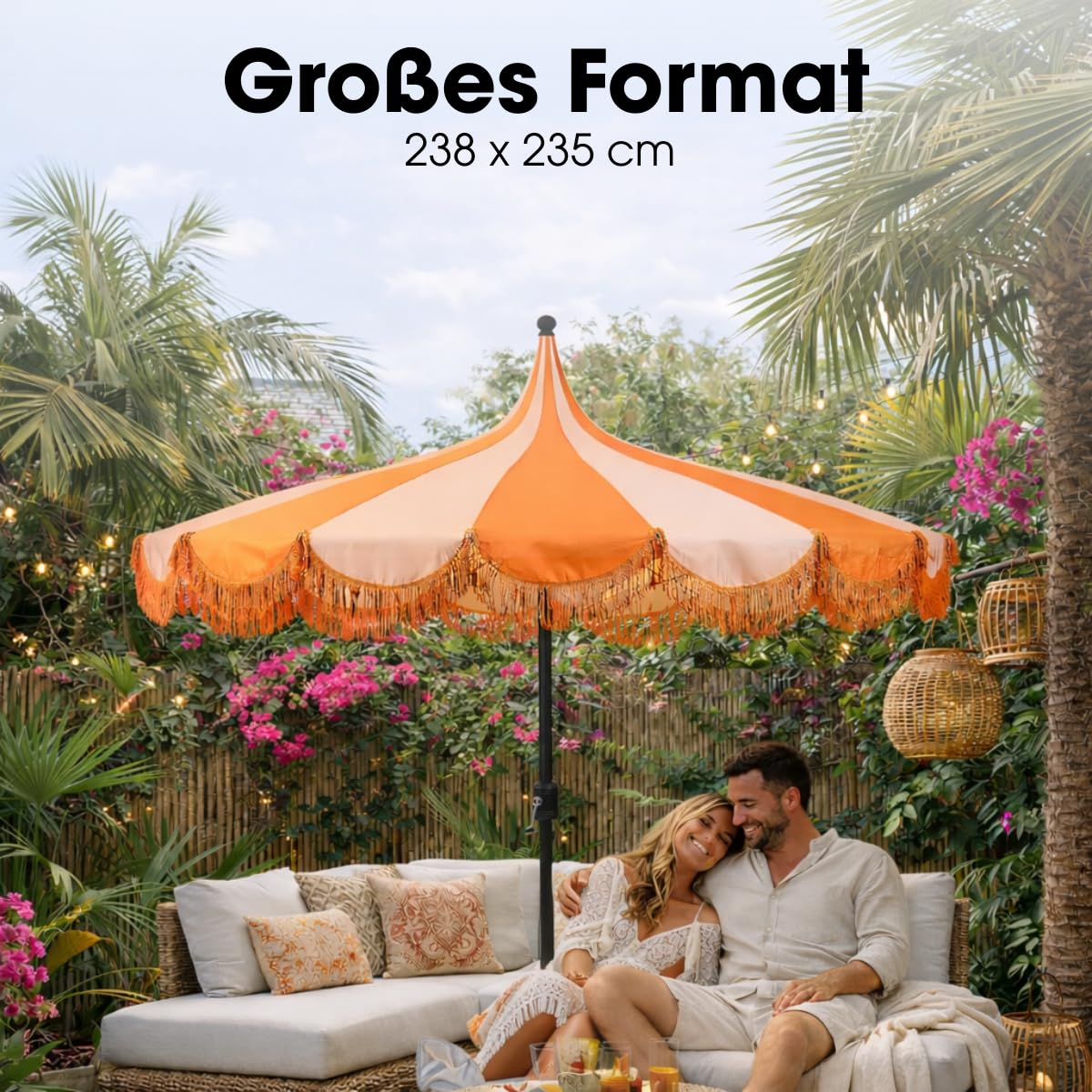 Mica Decoration Kim Gestreifter Sonnenschirm mit Tragetasche - Stockschirm 238 x Ø235 cm - Garten oder Balkon Sonnenschutz - Polyester, Stahl - Orange
