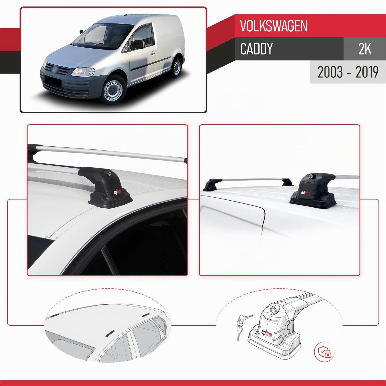 Compatibile con Volkswagen Caddy (2K) 2003-2019 Modello ACE-3 Barre Tetto Portapacchi Auto Barre Portatutto Grigio Alluminio 2 Barre