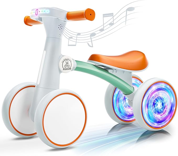 Ridego Colorful Lighting Baby Balance Bike Toys for 1 Year Old Boys Girls Gifts,First Bike with Music and Soft Seat,4 Wheels Toddler Bicycle,Ride On Toys for Boys & Girls Birthday Gifts