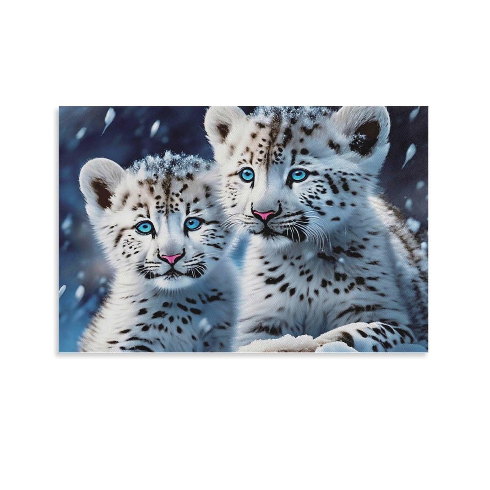 CPLVKWRQJ Snow Leopard Cubs 1 Piece Two Fluffy Snow Leopard Cubs Snowy Day Canvas Wall Hanging - Nursery Space Saving Removable Ready to Hang Wall Decor 24x36inch(60x90cm)