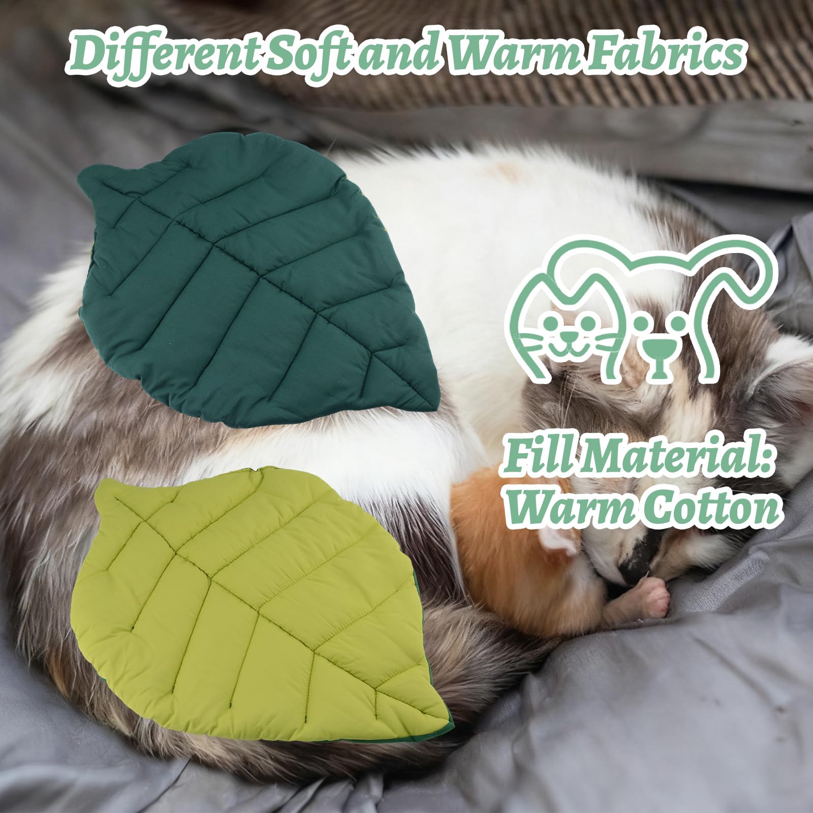 Kühlmatte für Katzen, Blattform, Baumwolle, weich, warm, Haustierunterlage für Innenbereich, Bett, Couch, Sofa, Böden, Katze und Hund, warme Matratze (grün)