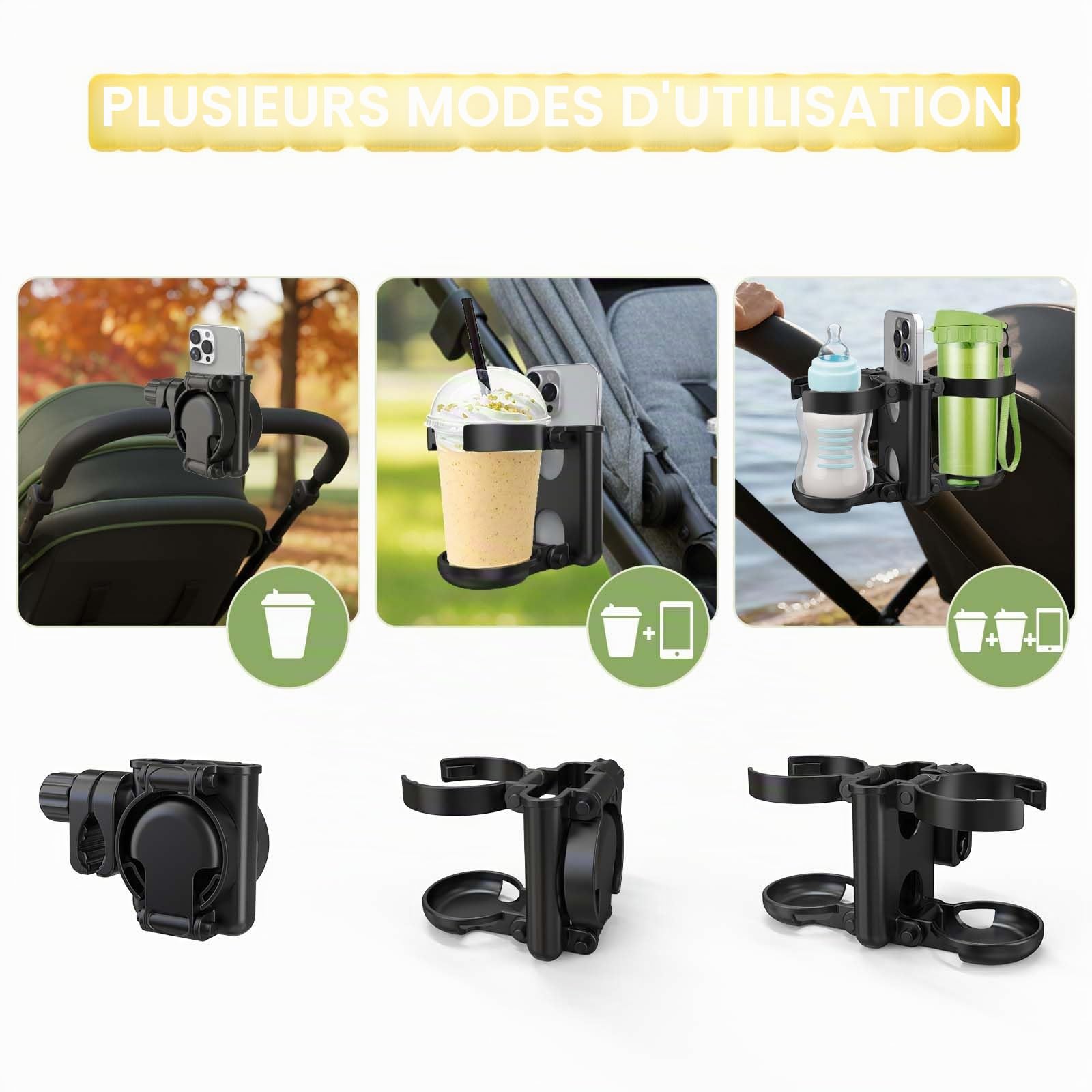 ZealSound Porte Gobelet Pliable 3 en 1 pour Poussette avec Support Téléphone, Double Porte Bouteille, Rotation 360°, Porte-Gobelet Universel pour Poussette, Buggy, Landau, Fauteuil Roulant