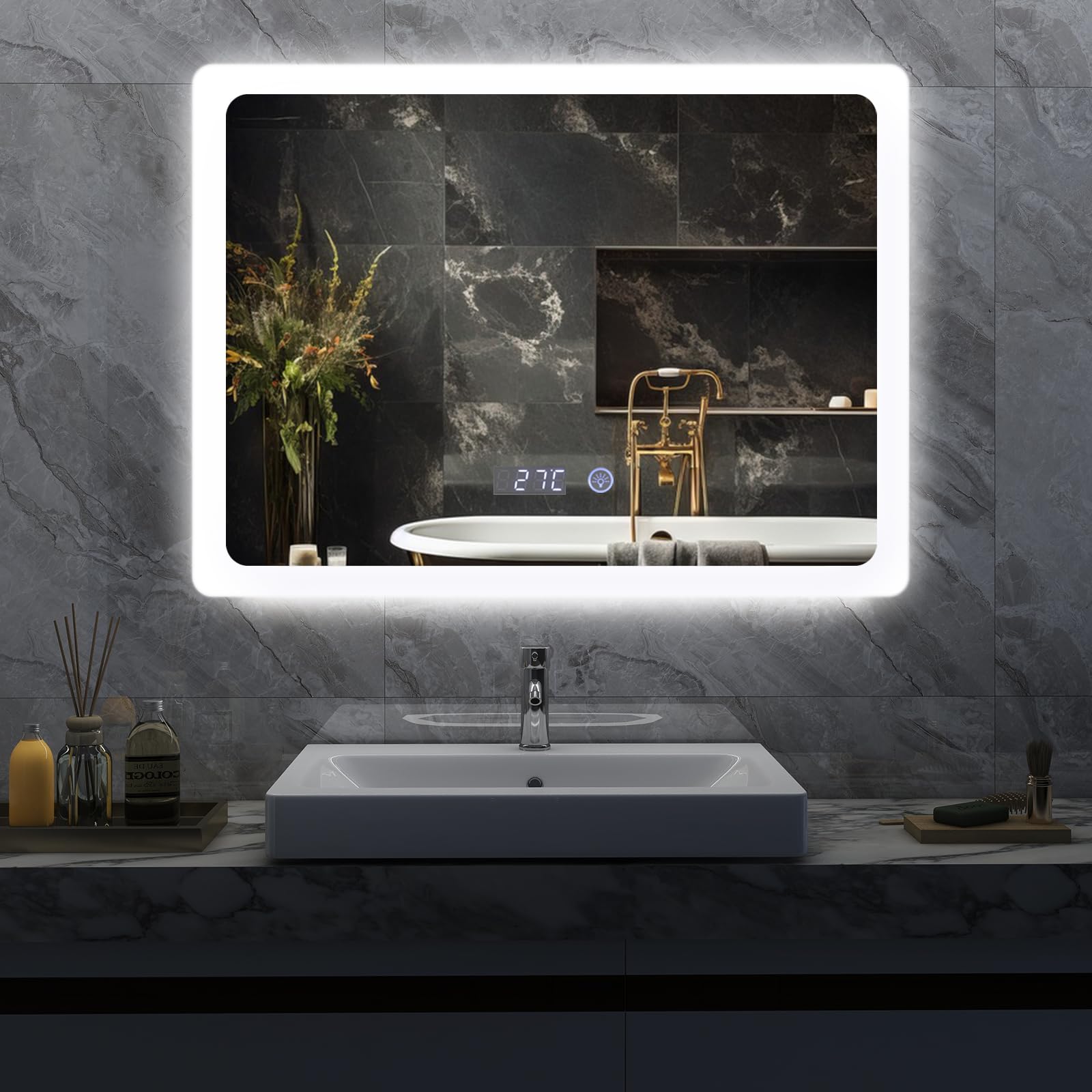 YU YUSING Espejo de Baño con Luz LED Regulable en 3 Colores, 80x60cm, Espejo de Pared Iluminado, Interruptor Táctil, Función Antivaho, Visualización Tiempo, Clase Protección IP44