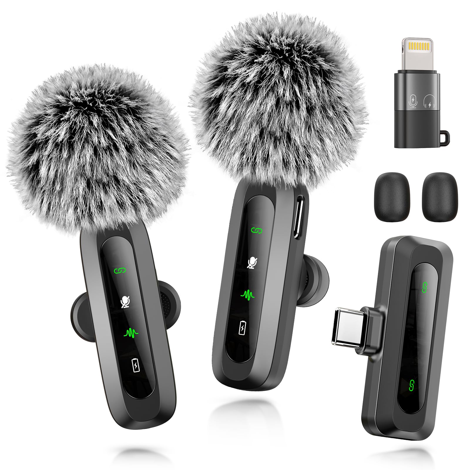 Wireless Microphone Mini Mic for iPhone/Android Phone, LED Display Lavalier Microphone for Video Recording Clip on Lapel Lav Mics Vlog YouTube TikTok