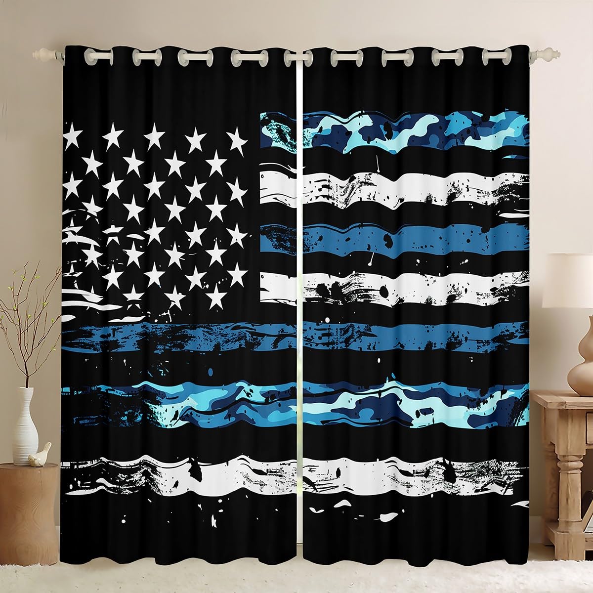 Camouflage USA Flag Window Curtains Blue Camo Military Darkening Blackout Curtains Geometric Star Stripes Window Treatments Army Themed Grommet Top 2 Panel Set Drapes,42Wx84L