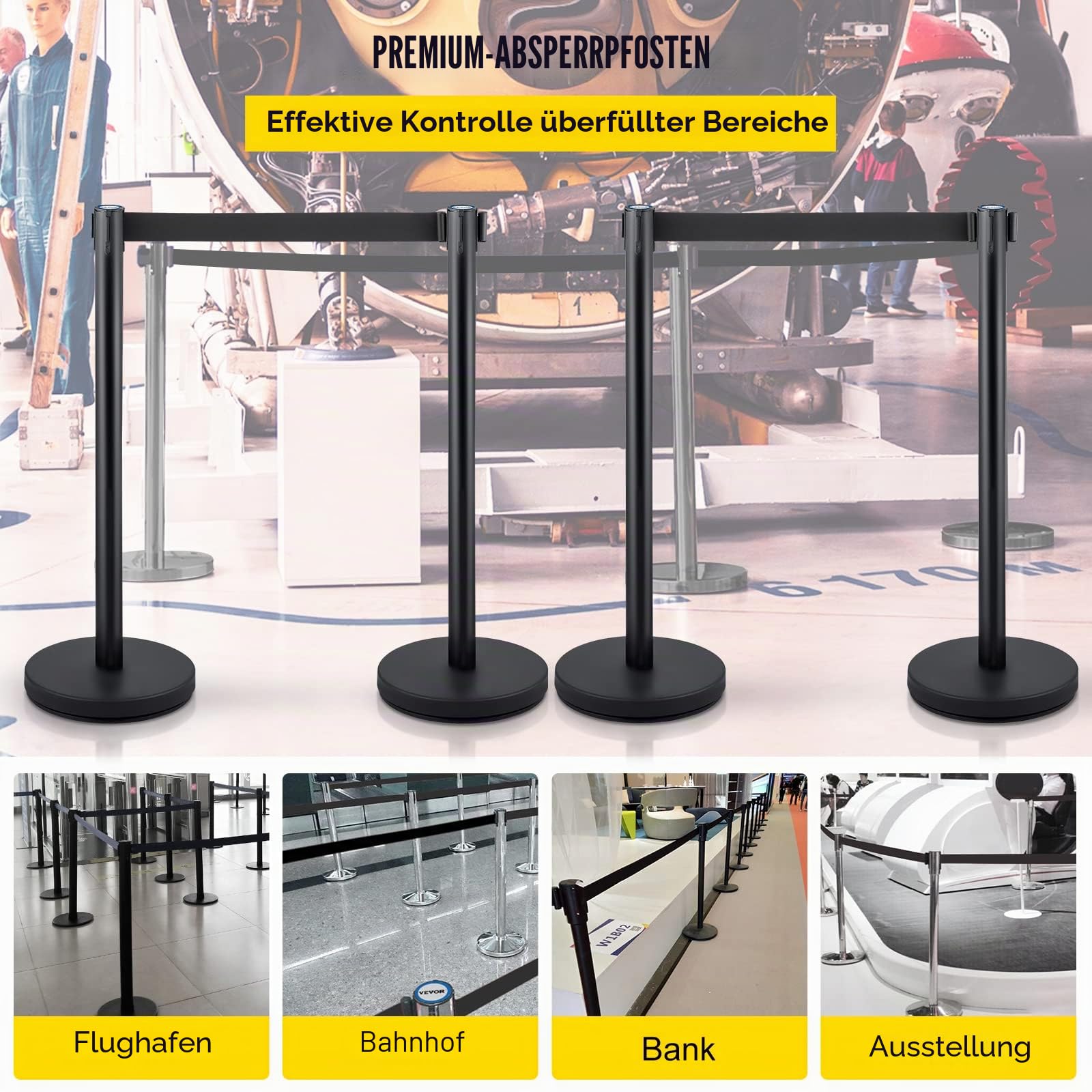 VEVOR Personenleitsystem 4 Ständer, 90 cm Gesamthöhe VIP Absperrung mit Vierwegadapter, Abgrenzungsständer, Absperrständer mit 2 M Länge Gürtel für Airport Flughafen, Ständer Stahl und Eisen, Schwarz