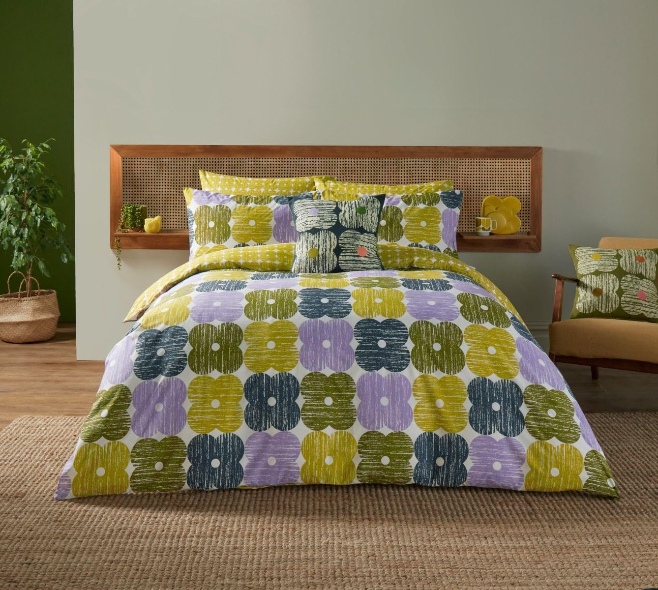 Orla Kiely Lilac/Green Textured Flower -Moss Duvet Cover Set - Cotton - Double
