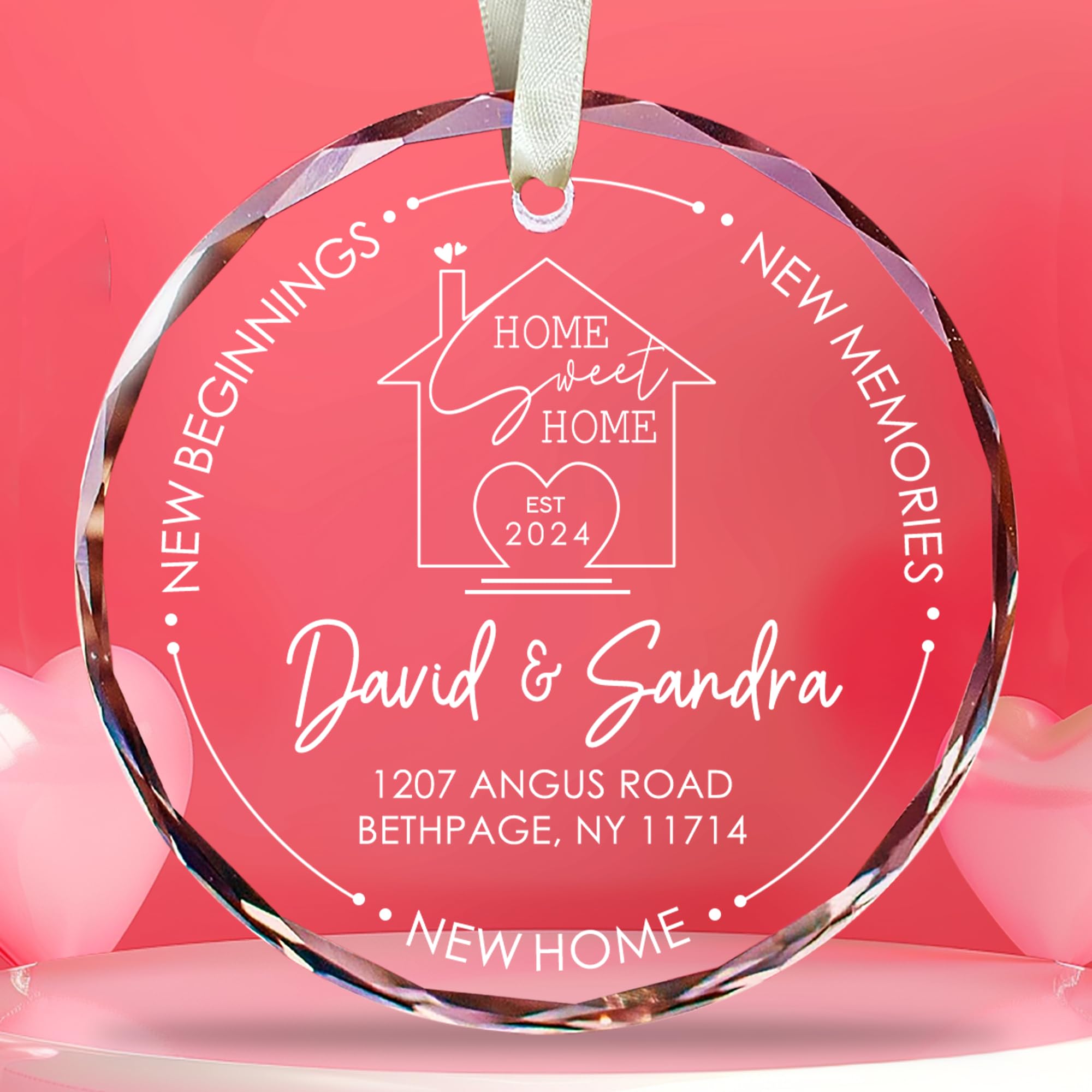 Personalized Home Sweet Home Crystal Ornament, Custom Family Names Newlywed Gift for Couple, First Year in New Home Glass Ornaments, Wedding Keepsake, New Beginnings Memories 1st Year Married Gift