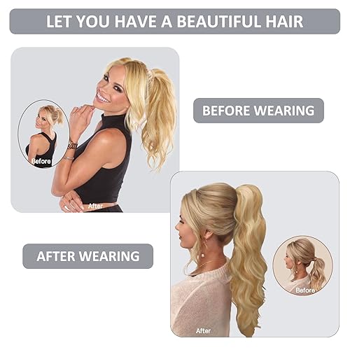 Miniatura 8 de Caliee Extensiones de cola de caballo marrón de 2.47oz, 14 pulgadas, extensiones de cabello humano real, color marrón oscuro a marrón medio con