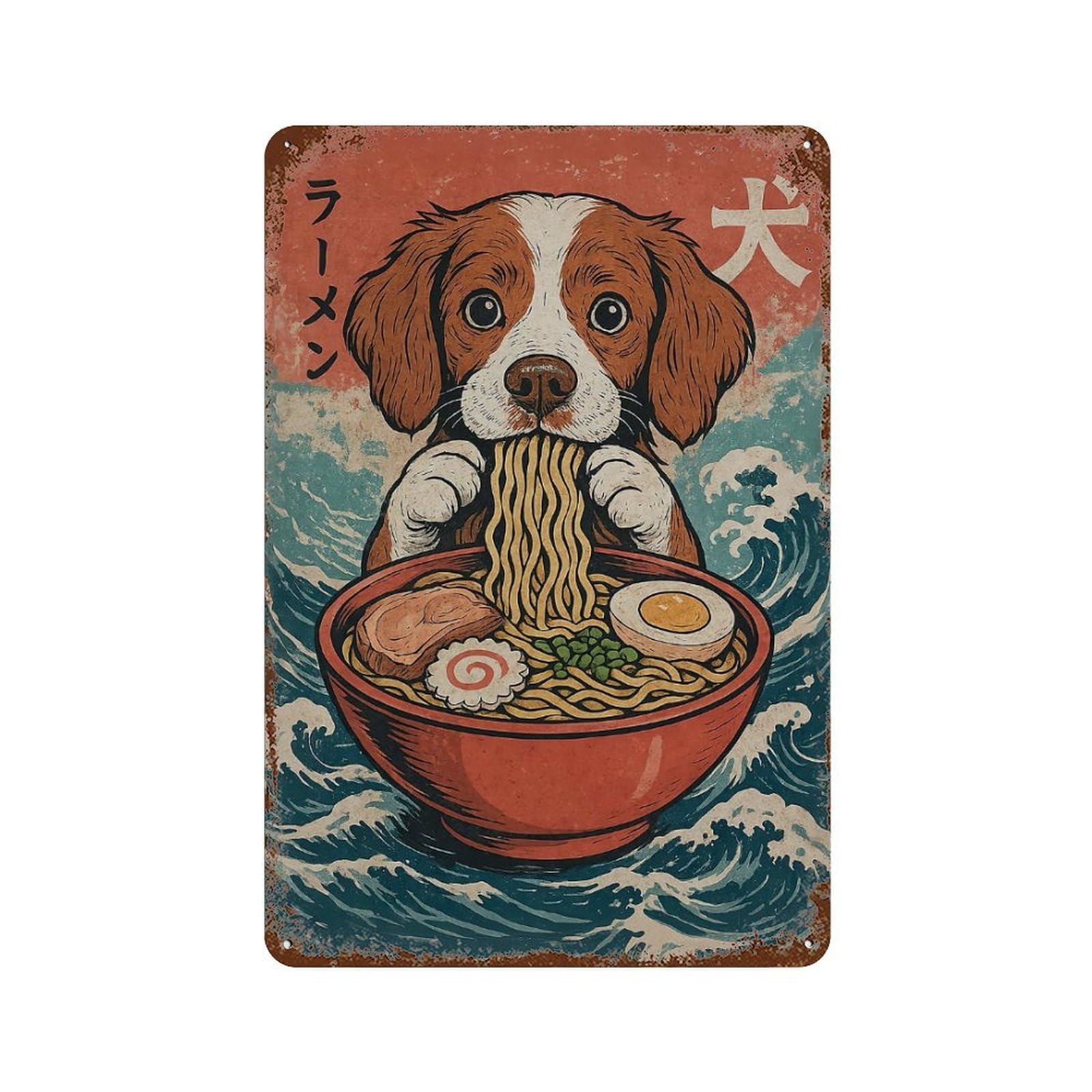 Brittany Spaniel Eating Ramen 11.8"x7.9" Distressed Metal Wall Sign, Retro Wall Decor for Garage, Bar And Workshop Decor