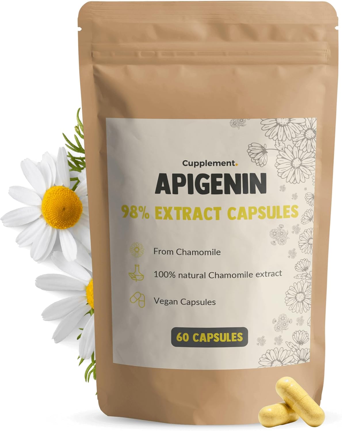 Apigenin 60 Capsules 98% Extract 100 MG Per Capsule – Superfood – Sleep Supplements – Apigenine – No 50mg, Powder, BIO, Liposomal or 200mg – Apigenina – 25 Exendo