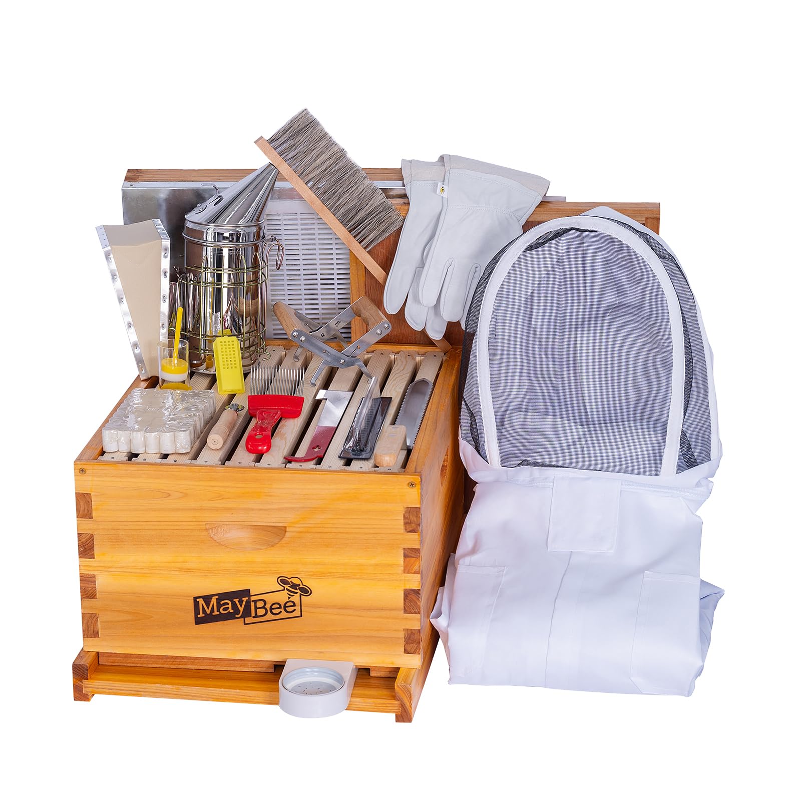 MayBee 10-Frame Beehive Starter Kit, Bee Hive Kit Dipped in 100% Beeswax, Bee Hives Boxes Starter Kit Includes Beekeeping Supplies Tool Kit and Bee Suit