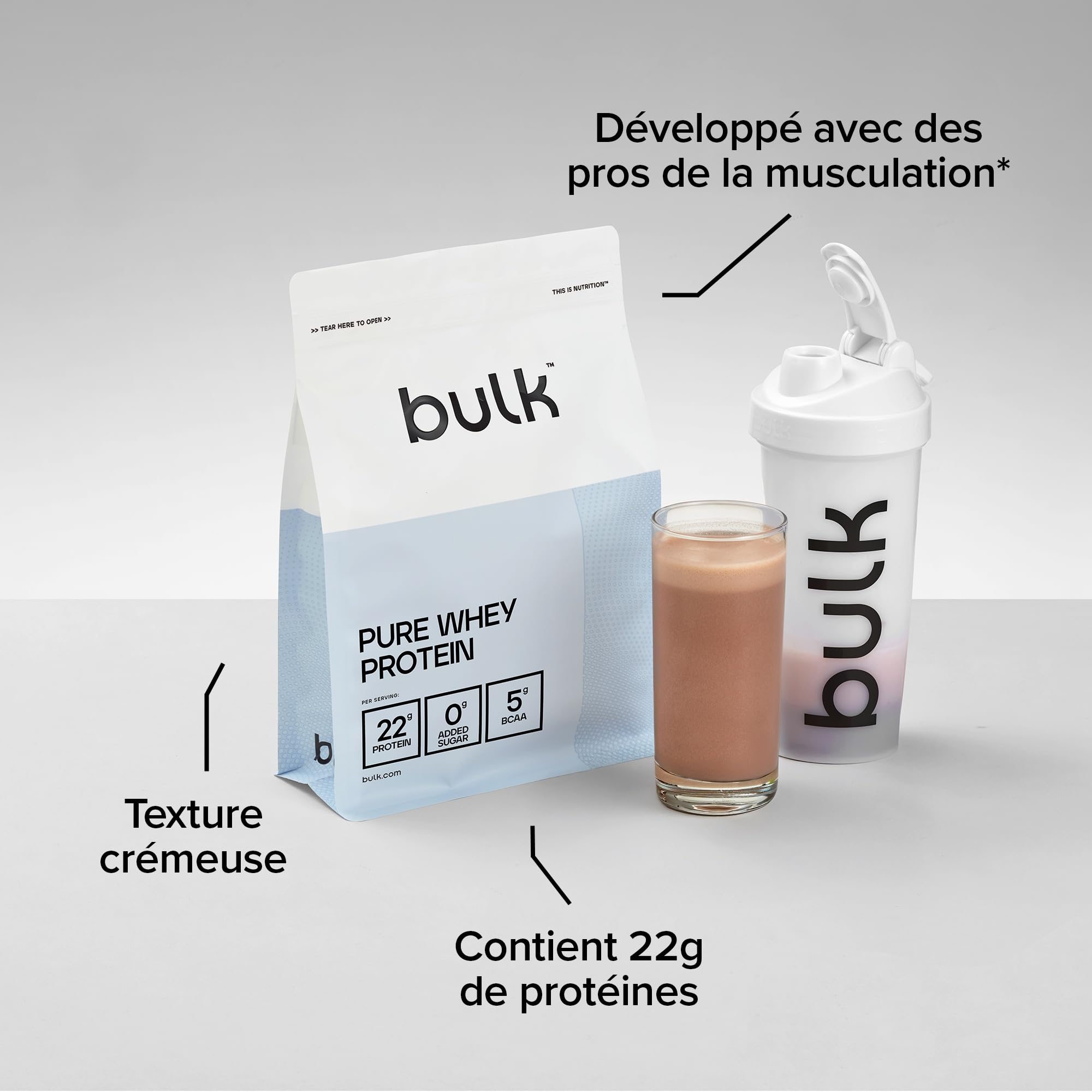 Bulk Pure Whey Protéine en Poudre, Cookies Chocolat, 22g Protéines, 5g BCAA, 1kg