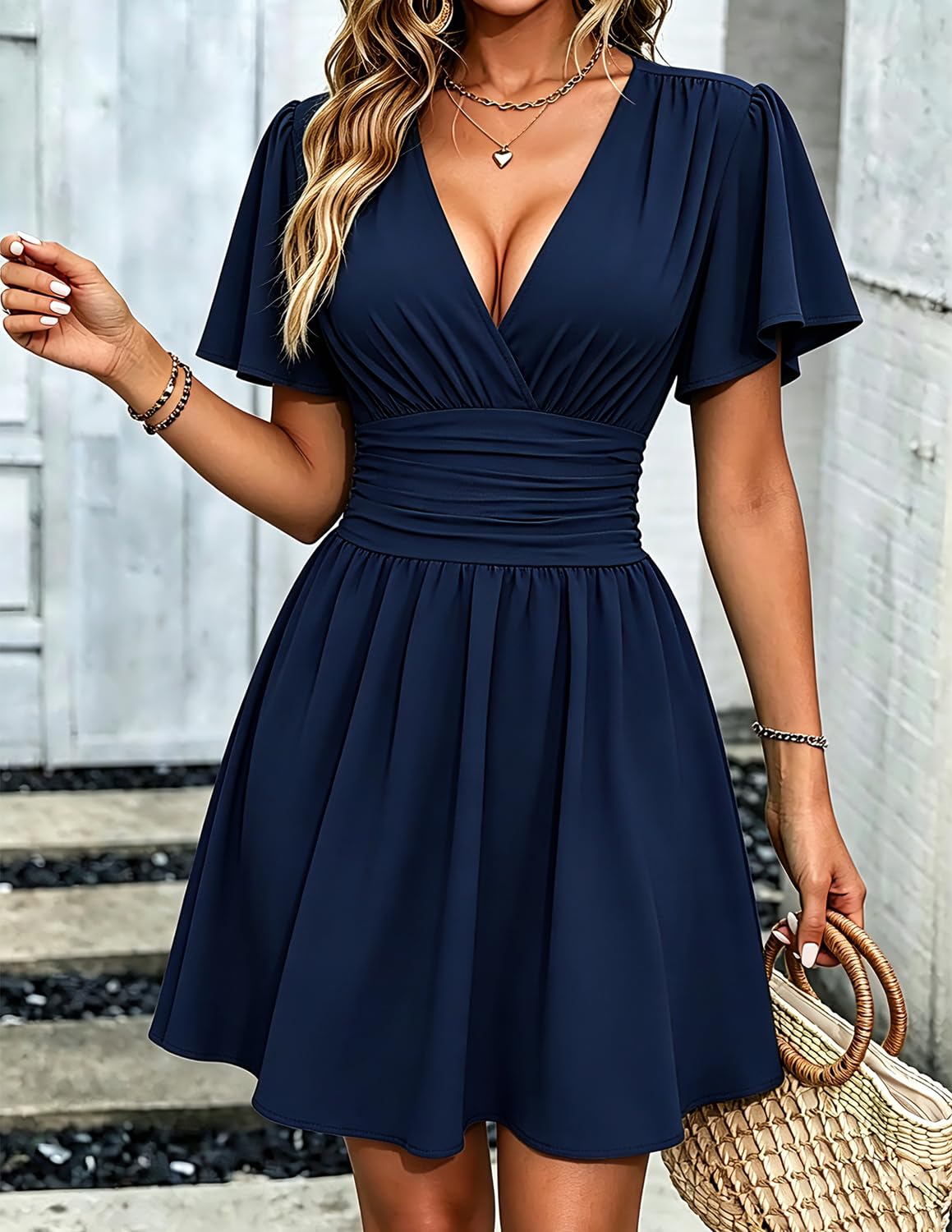 Damen Wickelkleid Sommer, V-Ausschnitt Kurzarm Kleid, Taillenbetont A-Linie Midikleid Elegant Party Freizeit