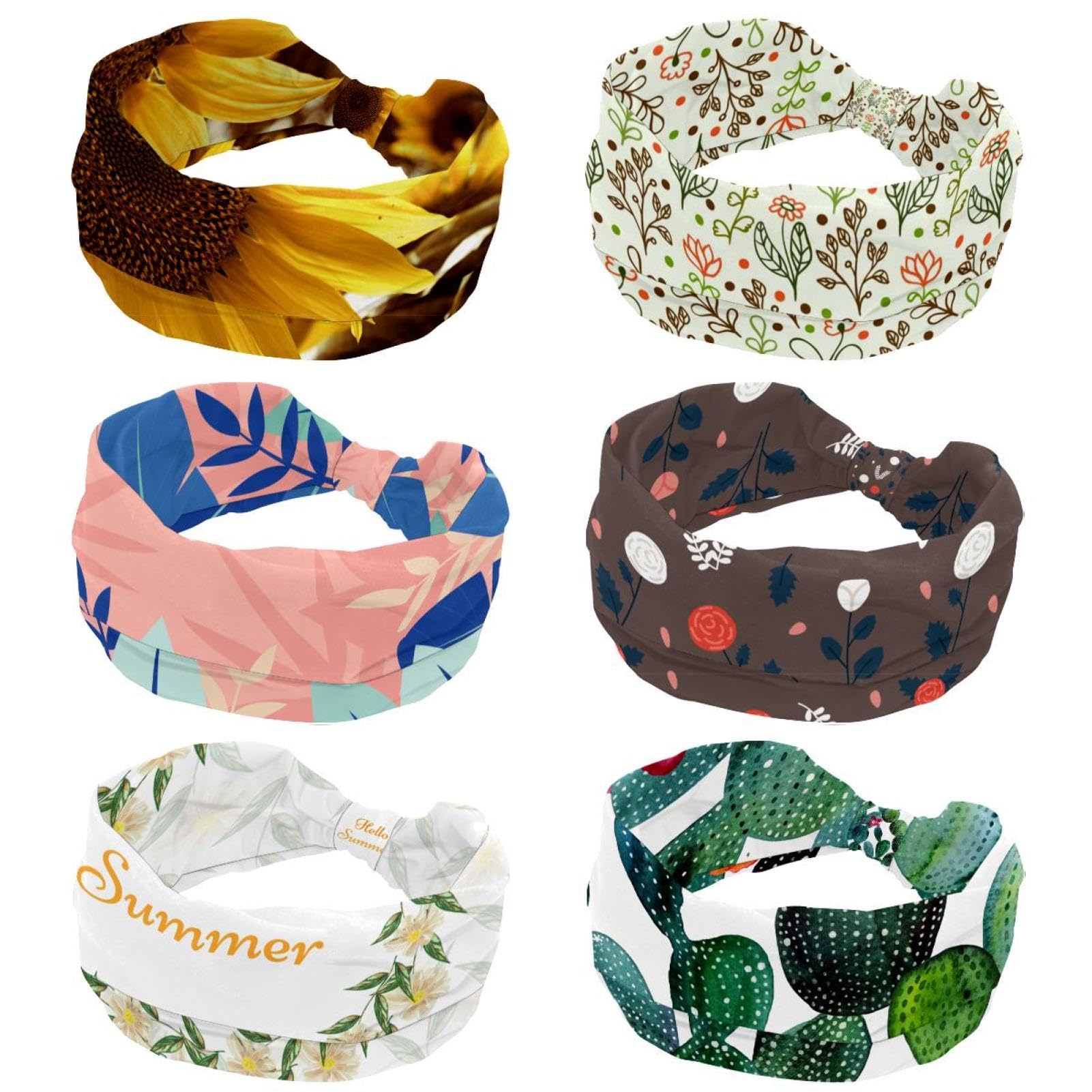 Lot de 6 bandeaux larges pour femme - Motif citrouille et tournesol - Antidérapants - Pour yoga, sueur, sport, entraînement
