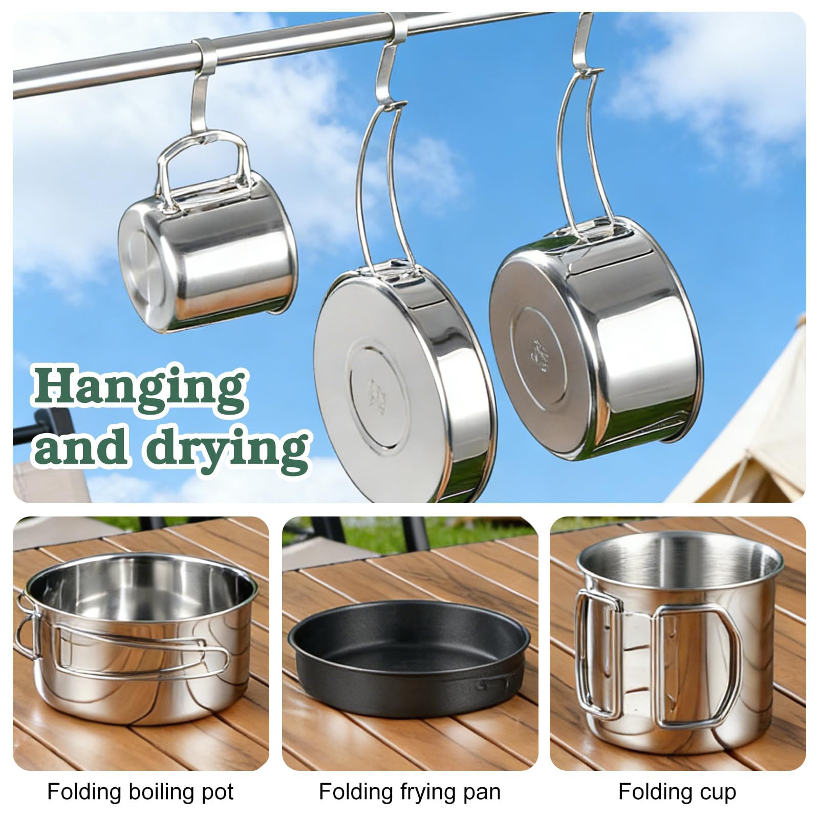 Camping Kochgeschirr Set, 5-teiliges Edelstahl Camping Kochset, Camping Kochtopf, Kochgeschirr Kochset mit Deckel und Griff, Faltbar Und Stapelbar, Outdoor Camping Topf für Wandern Picknick,Reisen