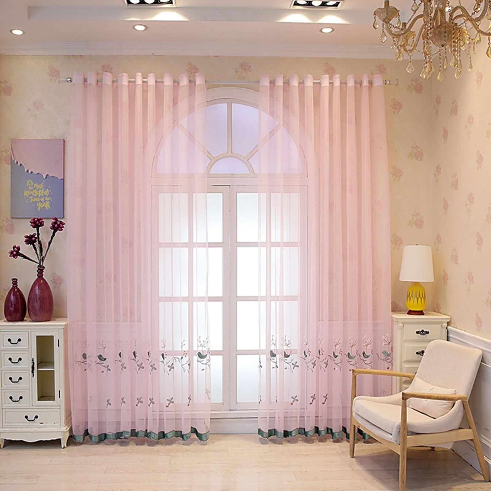 Rideaux Voilage Rose, Rideaux Chambre Polyester Motif D'Oiseau Brodé de Dentelle 2 Pièces LxH 107x214cm