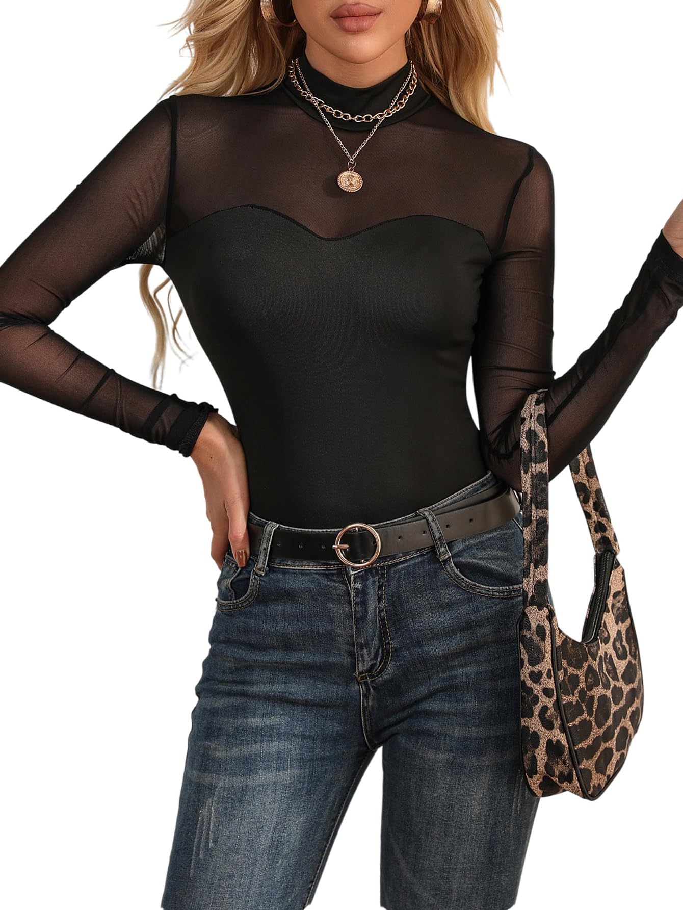 GORGLITTER Body da donna a maniche lunghe, elegante, in rete, con strass, sexy, a maniche lunghe, con colletto rialzato