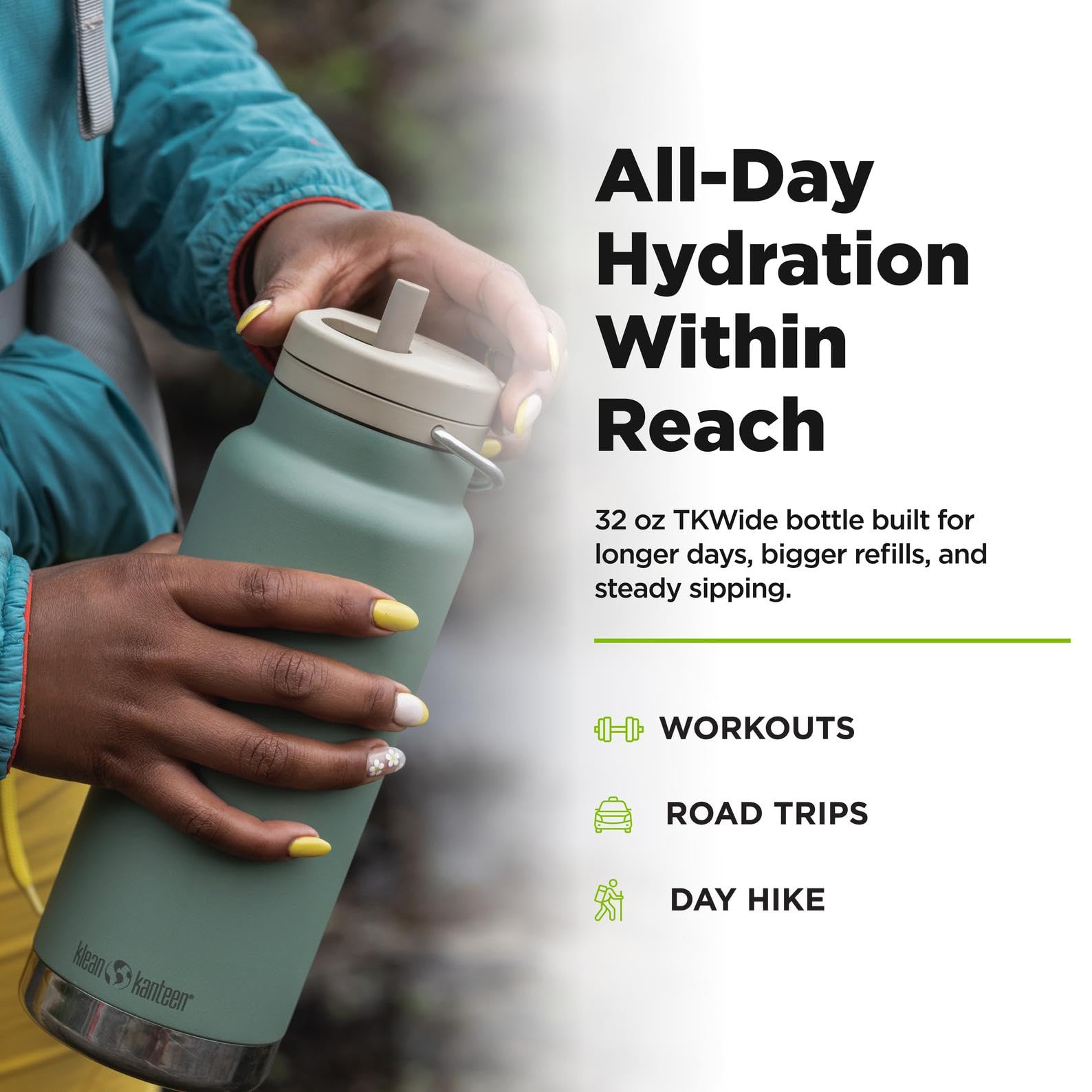 Klean Kanteen TKWide Isolierte Flasche – Drehverschluss, Stahlstrohhalm – Reise/Sport – Meeresspray, 907 ml