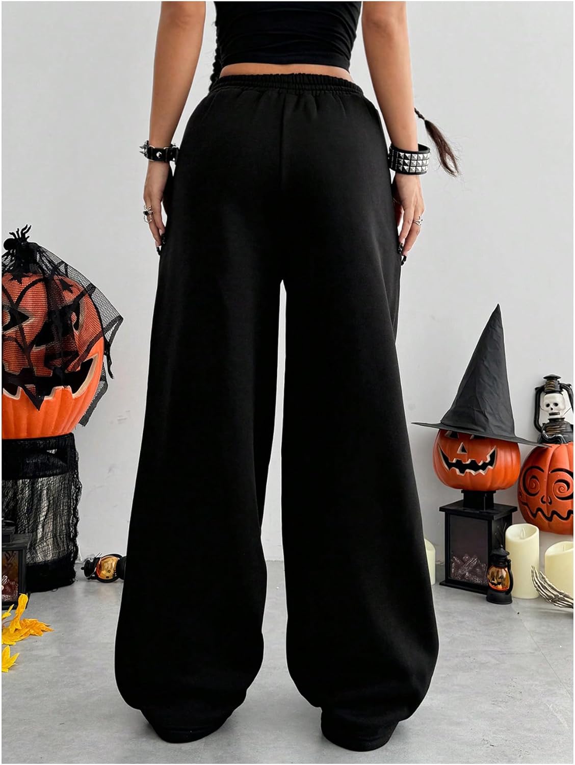 SOLY HUX Women's Y2k Baggy Pants Drawstring Waist Gothic Rhinestone Wide Leg Sweatpants - Image 2