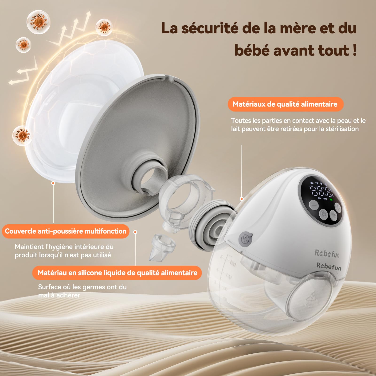 Robofun Lot de 2 Tire-laits Électriques Mains Libres – Double Pompe Silencieuse avec 4 Modes et 12 Niveaux d’aspiration, Fonction Anti-débordement Intelligente, avec Boîte de Rangement