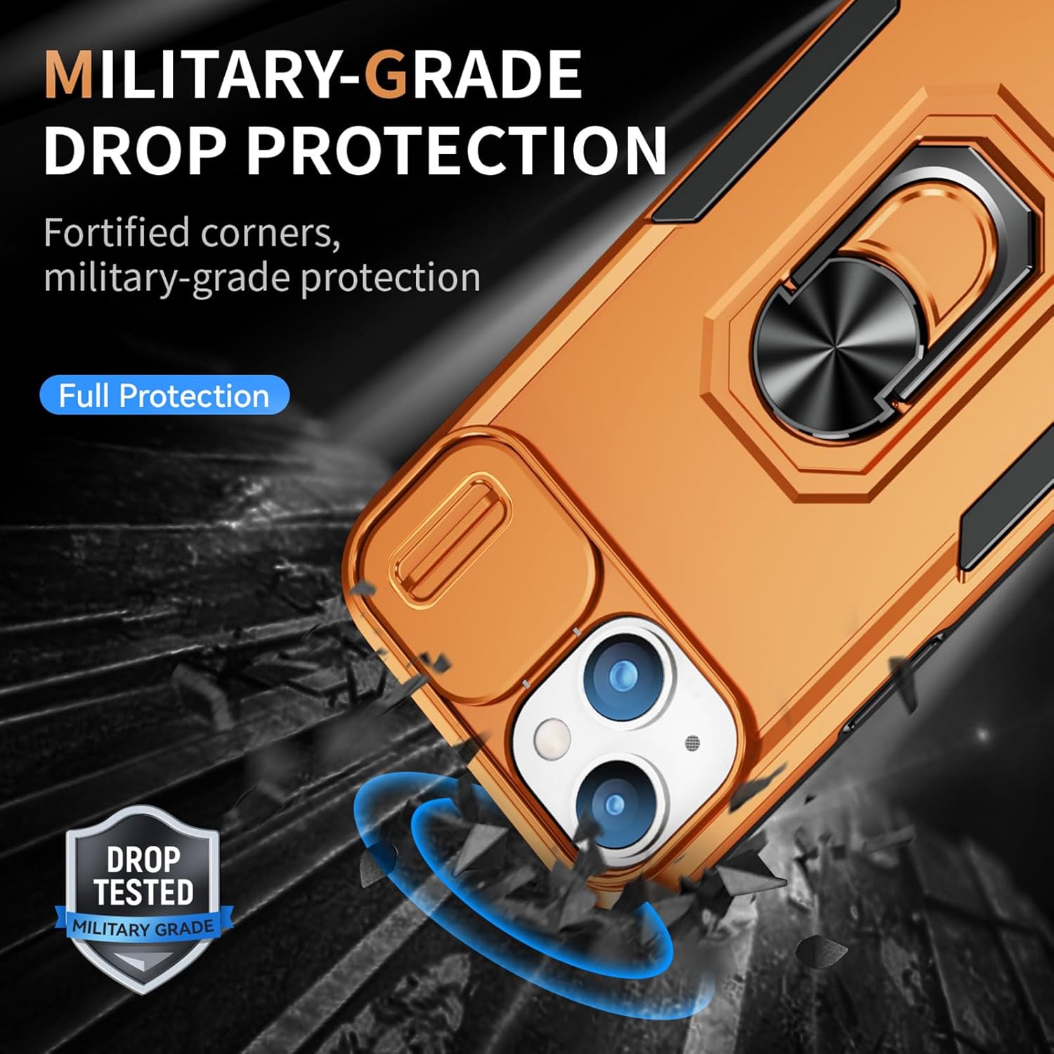 Phone Case for iPhone 14 Plus Case with Camera Lens Cover, with Ring Holder Kickstand, fit Magnetic Car Mount, for iPhone 14 Plus - Orange - Image 4