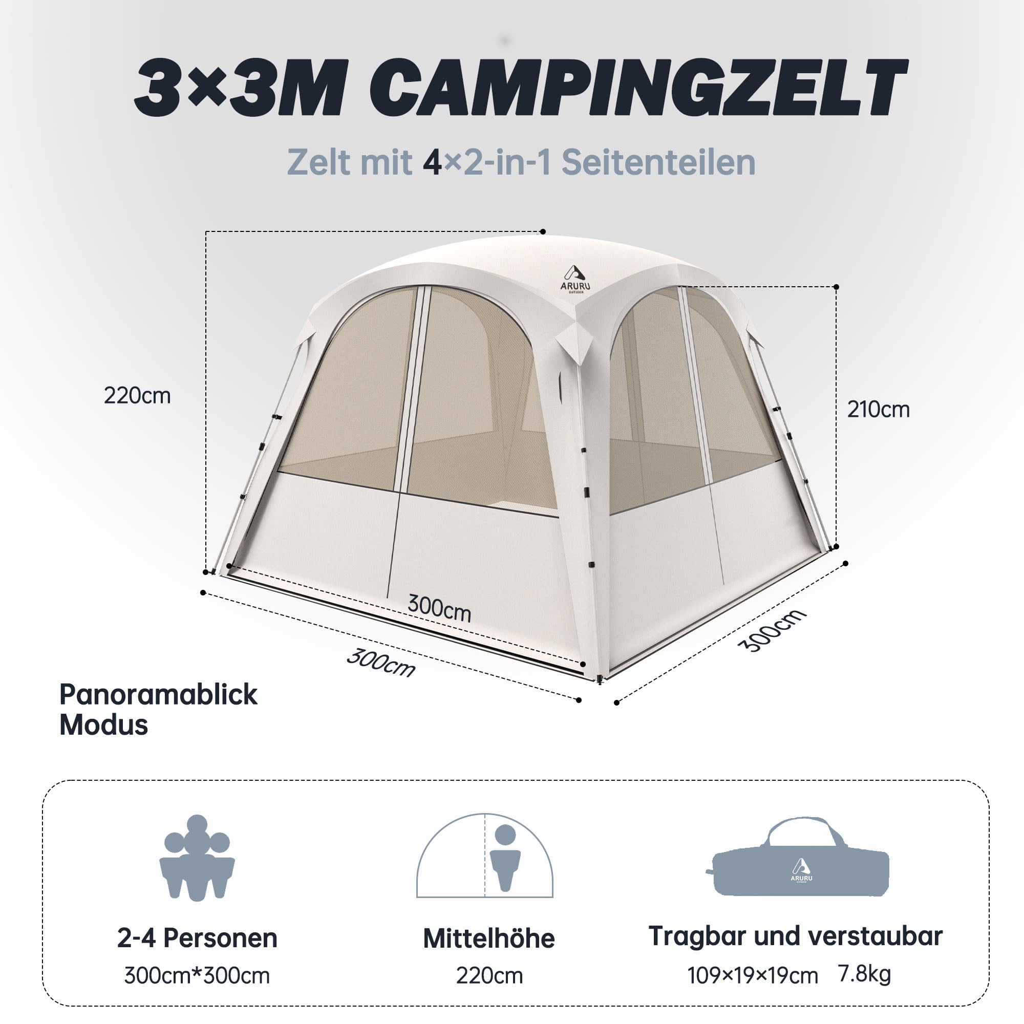 Camping Pavillon 3×3m Kuppelzelt mit 4 or 2×2-in-1 Seitenteilen Wasserdicht Sonnenschutz und Moskitonetz mit Titan-Blackout Beschichtung Camping & Strand & Gartenzelt Pop Up Zelt Aufbau