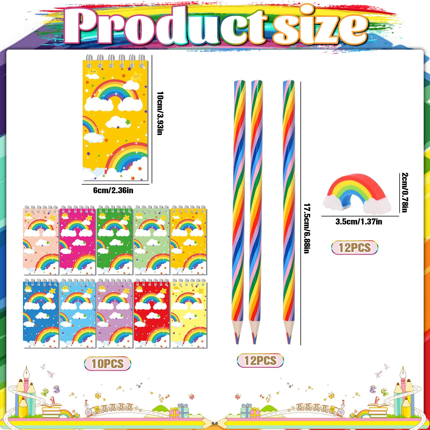 Rdlobu 34 Pcs Pencils Set:12 Pcs Rainbow Pencils + 12 Pcs Erasers +10 Pcs Mini Rainbow Notebooks,Regenbogenstifte Kinder,For Students Artist Home DIY School Office Gifts Supplies - Image 2