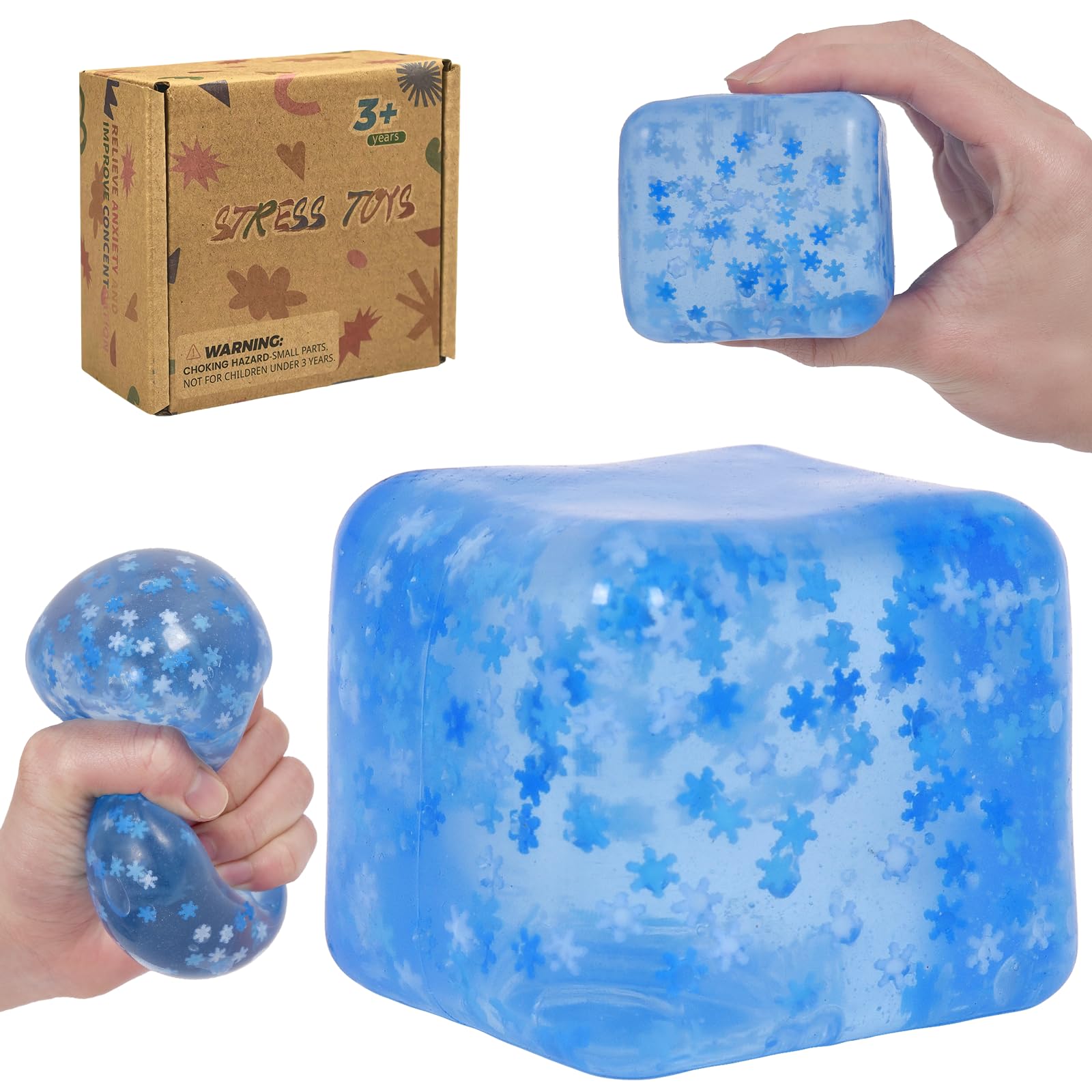 Zanyblox Extra Large Squishy Cubes 2.76in, Snowflake Ice Cube Squeeze Toys, Durable Soft Fidget Stress Balls for Autism Sensory Play, Suitable for Adults & Boys and Girls Age 3+ (Blue)