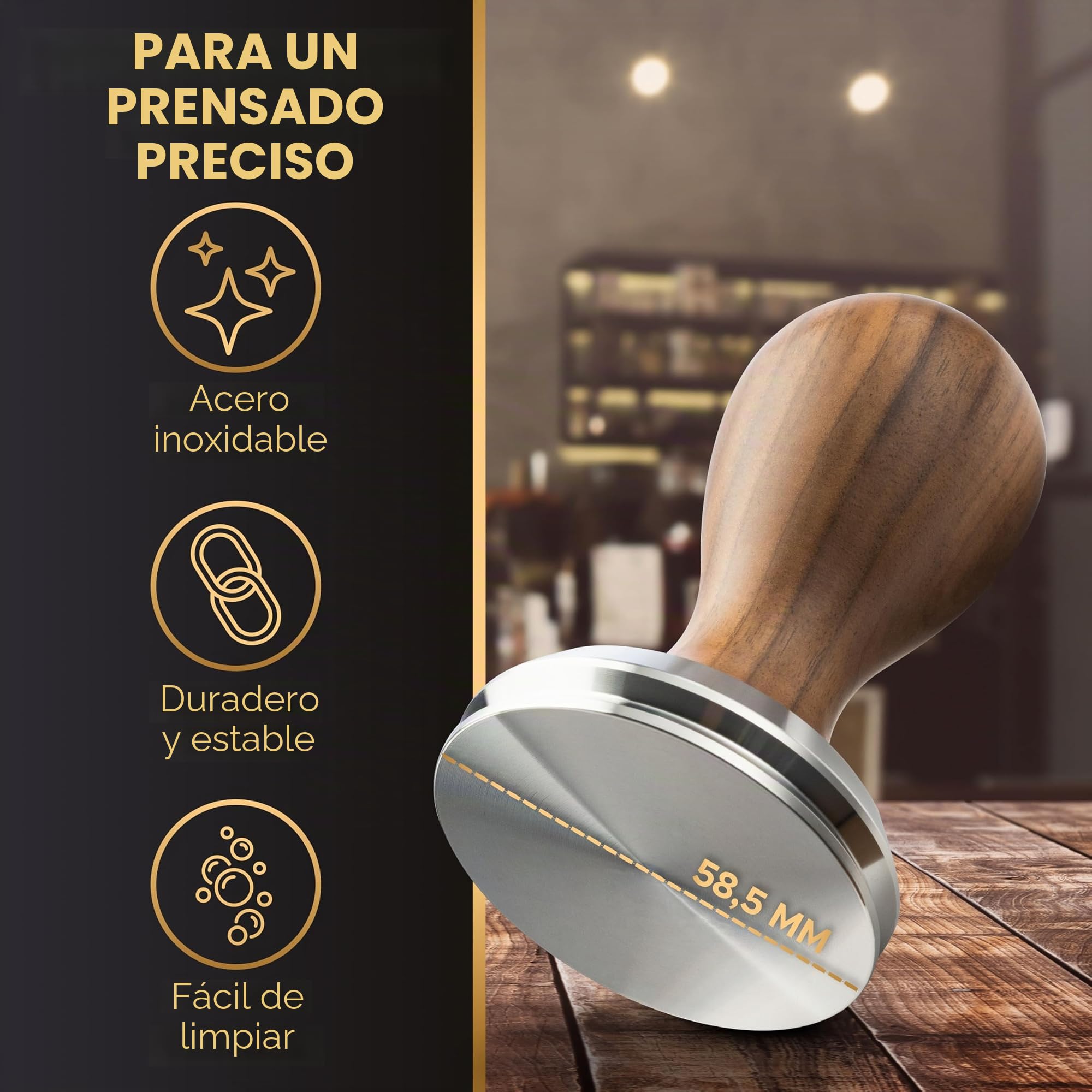 Barista Legends® Tamper de 58,5 mm – Prensador de espresso premium de acero inoxidable con mango de madera – Base anti_vacío para un disco uniforme sin canalizar – Accesorio perfecto para los amantes