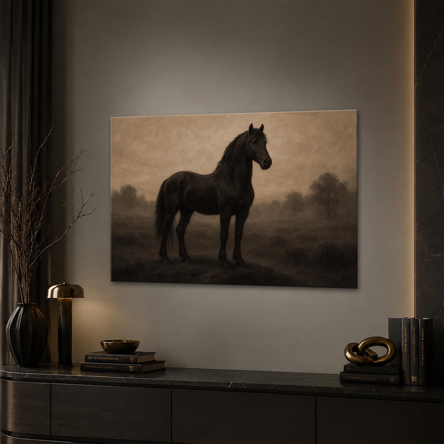 deyoli Obraz na płótnie ciemny koń na mglistej polanie 80 x 60 cm Sepia